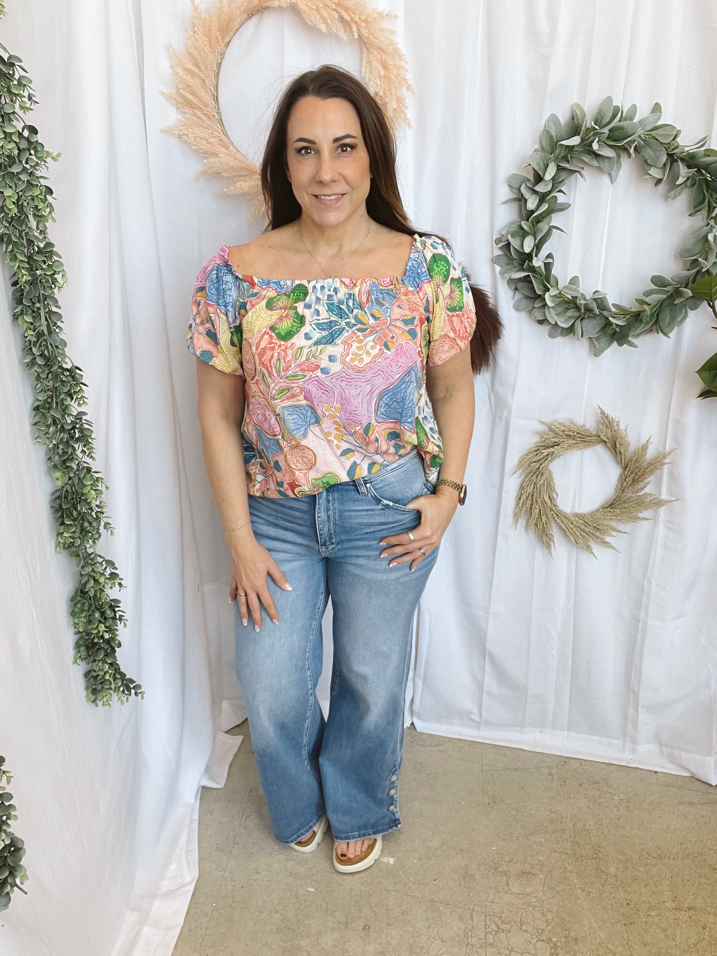 Bright and Floral Off the Shoulder Top-Short Sleeve Tops-les amis-The Silo Boutique, Women's Fashion Boutique Located in Warren and Grand Forks North Dakota