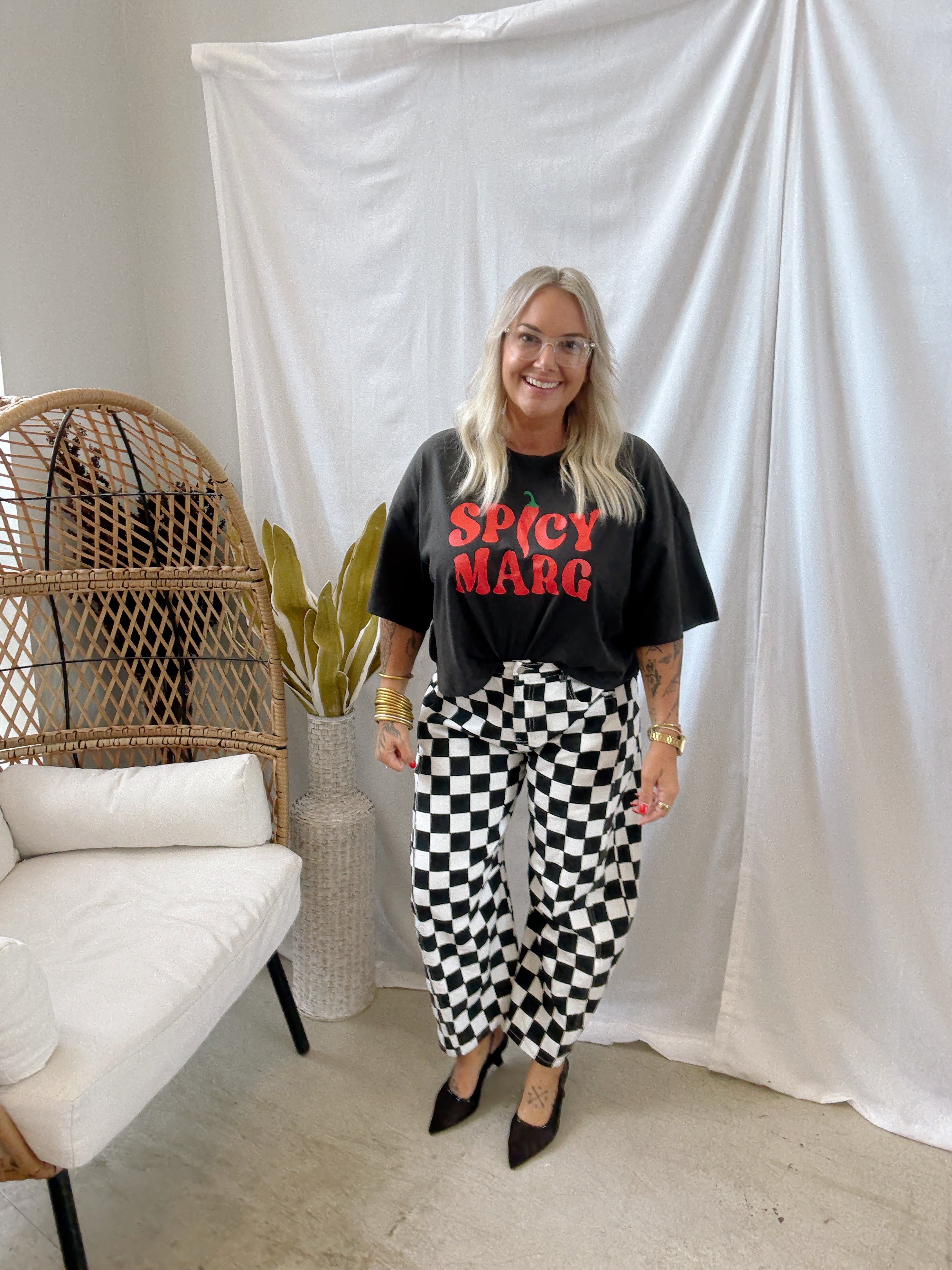 Black and White Check Barrel Jeans-Jeans-oddi-The Silo Boutique, Women's Fashion Boutique Located in Warren and Grand Forks North Dakota