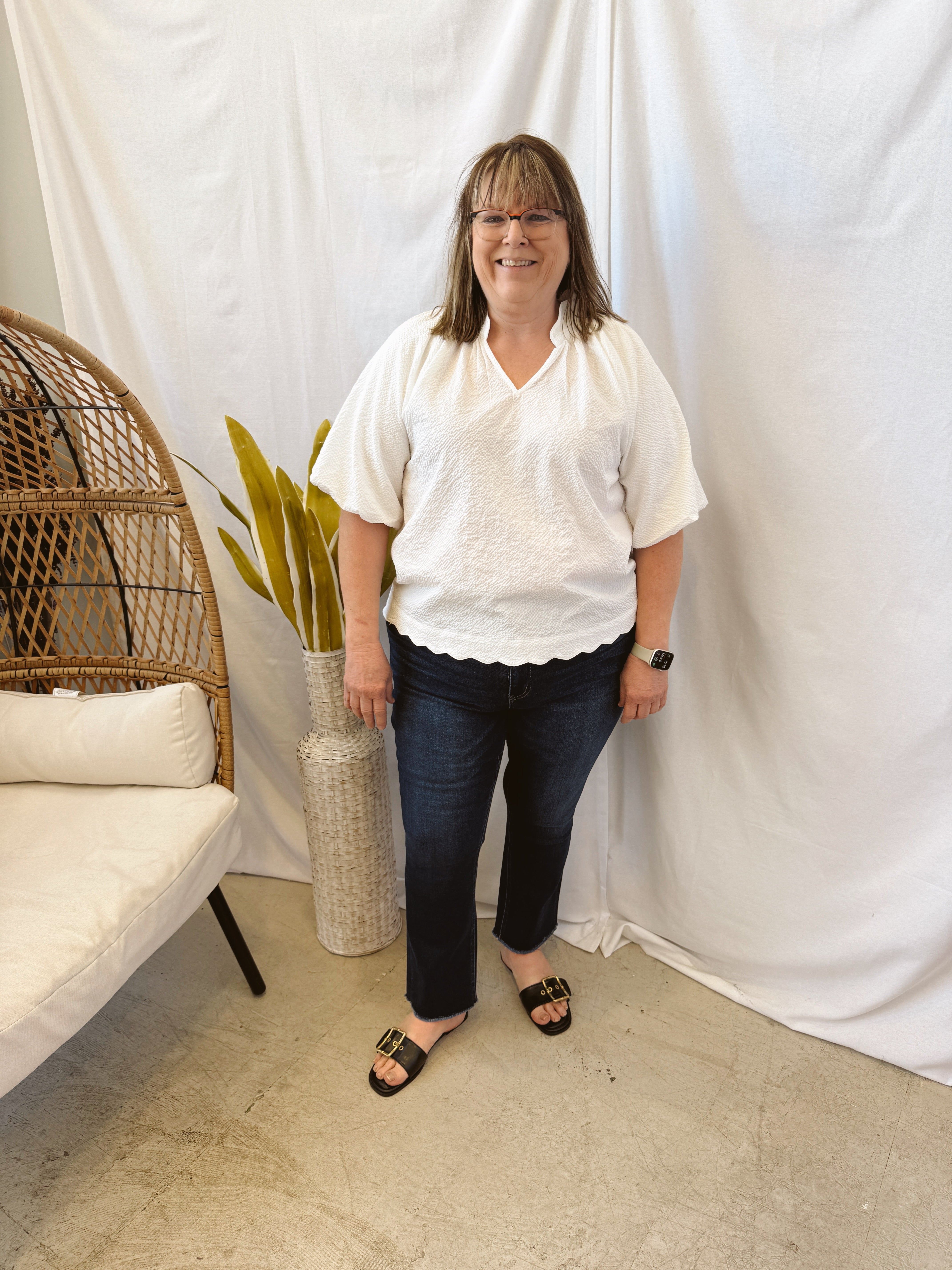 Bubble Sleeved Seersucker Top-White-Short Sleeve Tops-Umgee-The Silo Boutique, Women's Fashion Boutique Located in Warren and Grand Forks North Dakota