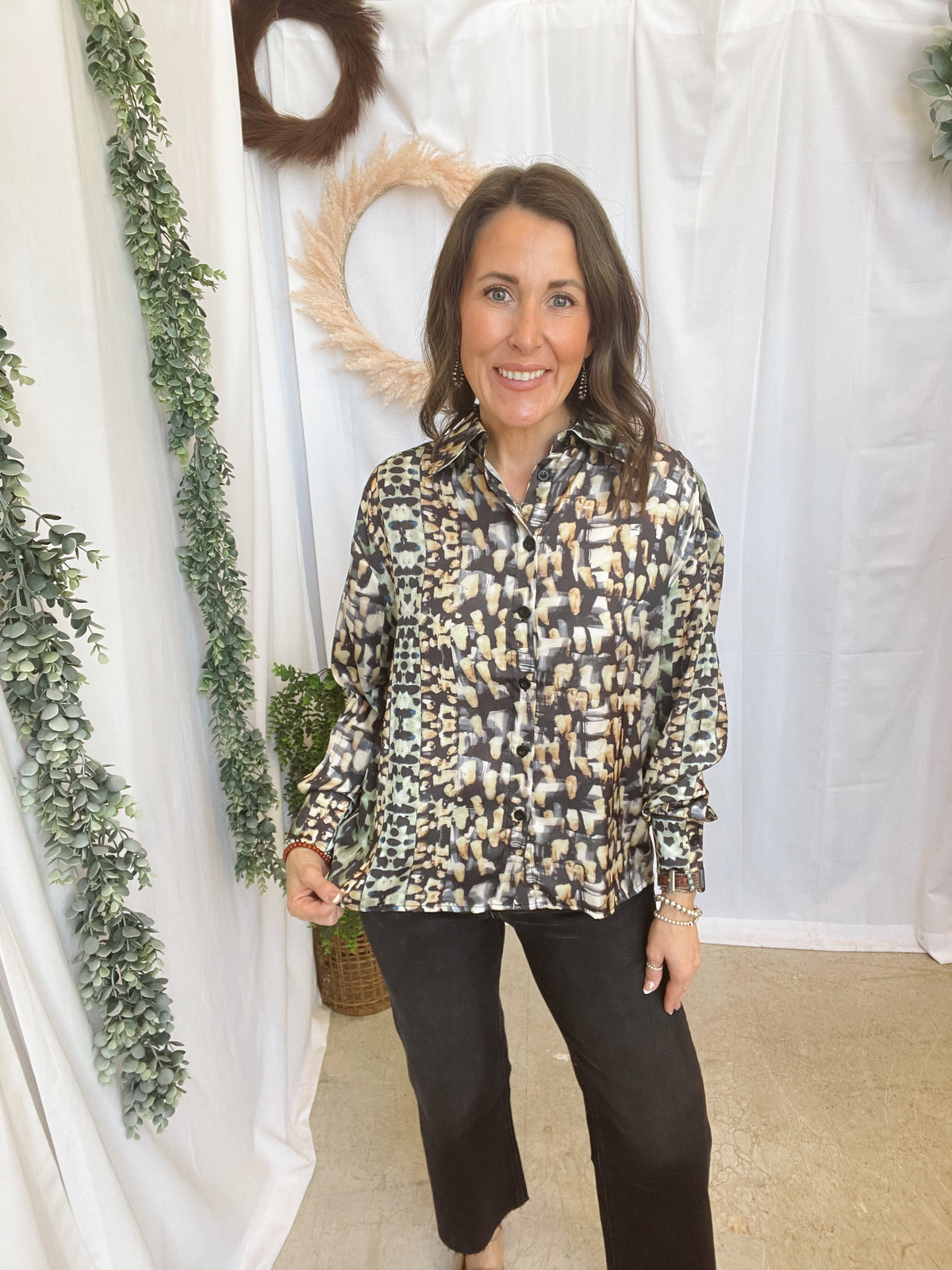 Elan Black Static Button Down Top-Long Sleeve Tops-elan-The Silo Boutique, Women's Fashion Boutique Located in Warren and Grand Forks North Dakota