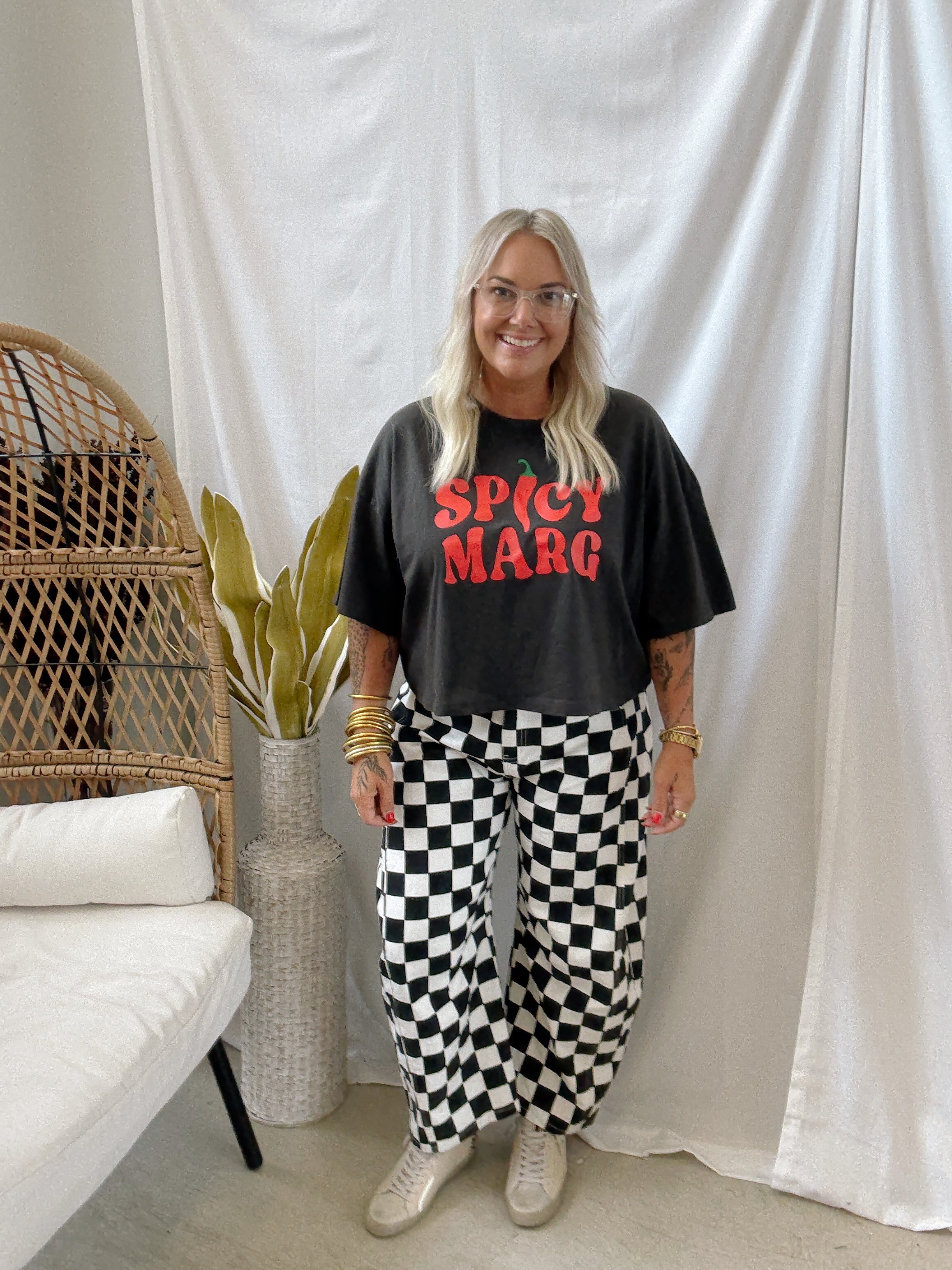 Black and White Check Barrel Jeans-Jeans-oddi-The Silo Boutique, Women's Fashion Boutique Located in Warren and Grand Forks North Dakota