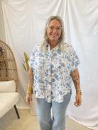 Blue Floral Mix Button Down Top-Short Sleeve Tops-Umgee-The Silo Boutique, Women's Fashion Boutique Located in Warren and Grand Forks North Dakota