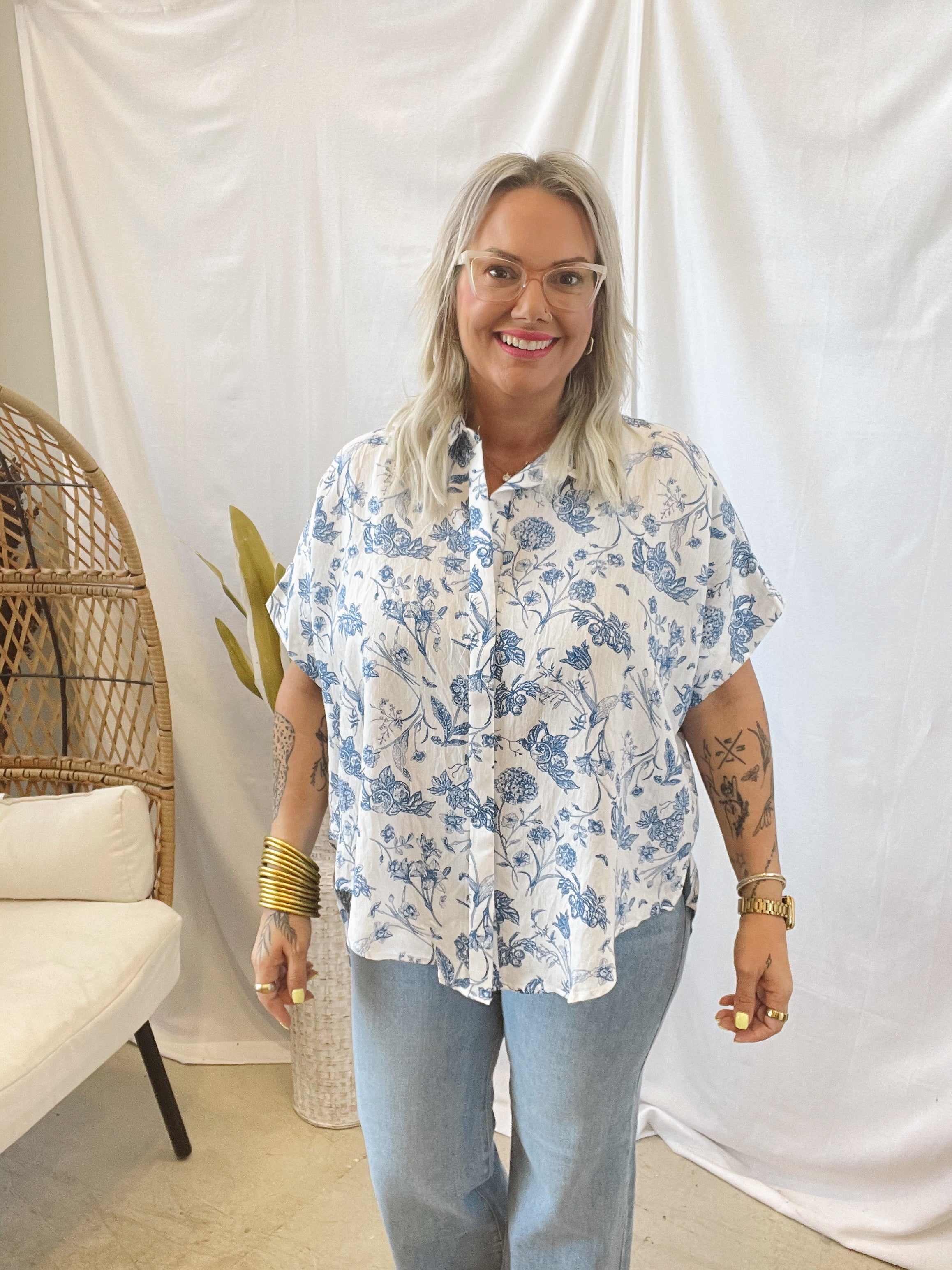 Blue Floral Mix Button Down Top-Short Sleeve Tops-Umgee-The Silo Boutique, Women's Fashion Boutique Located in Warren and Grand Forks North Dakota