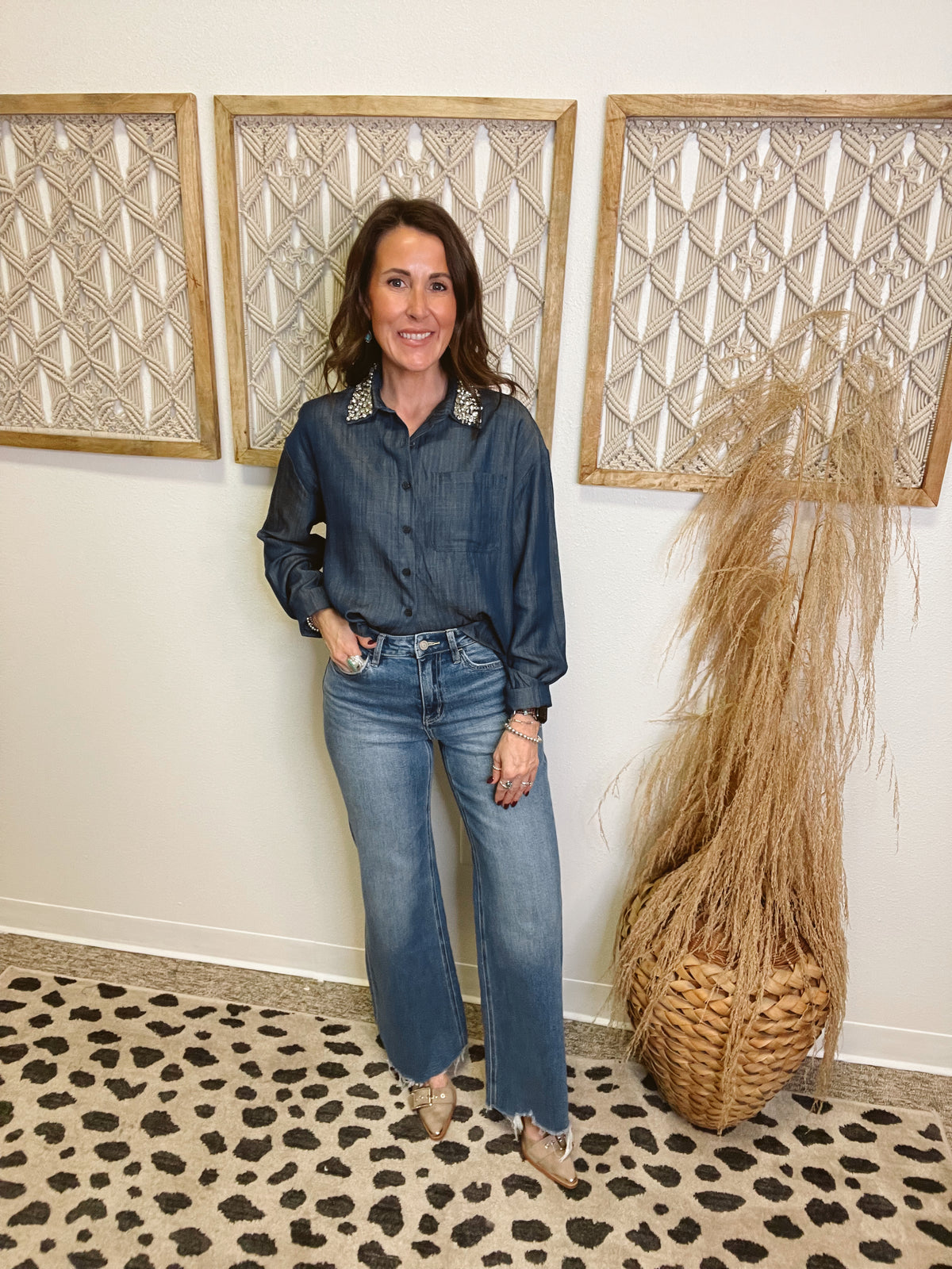 Elan Emily Rhinestone Top-Denim-Long Sleeve Tops-elan-The Silo Boutique, Women's Fashion Boutique Located in Warren and Grand Forks North Dakota