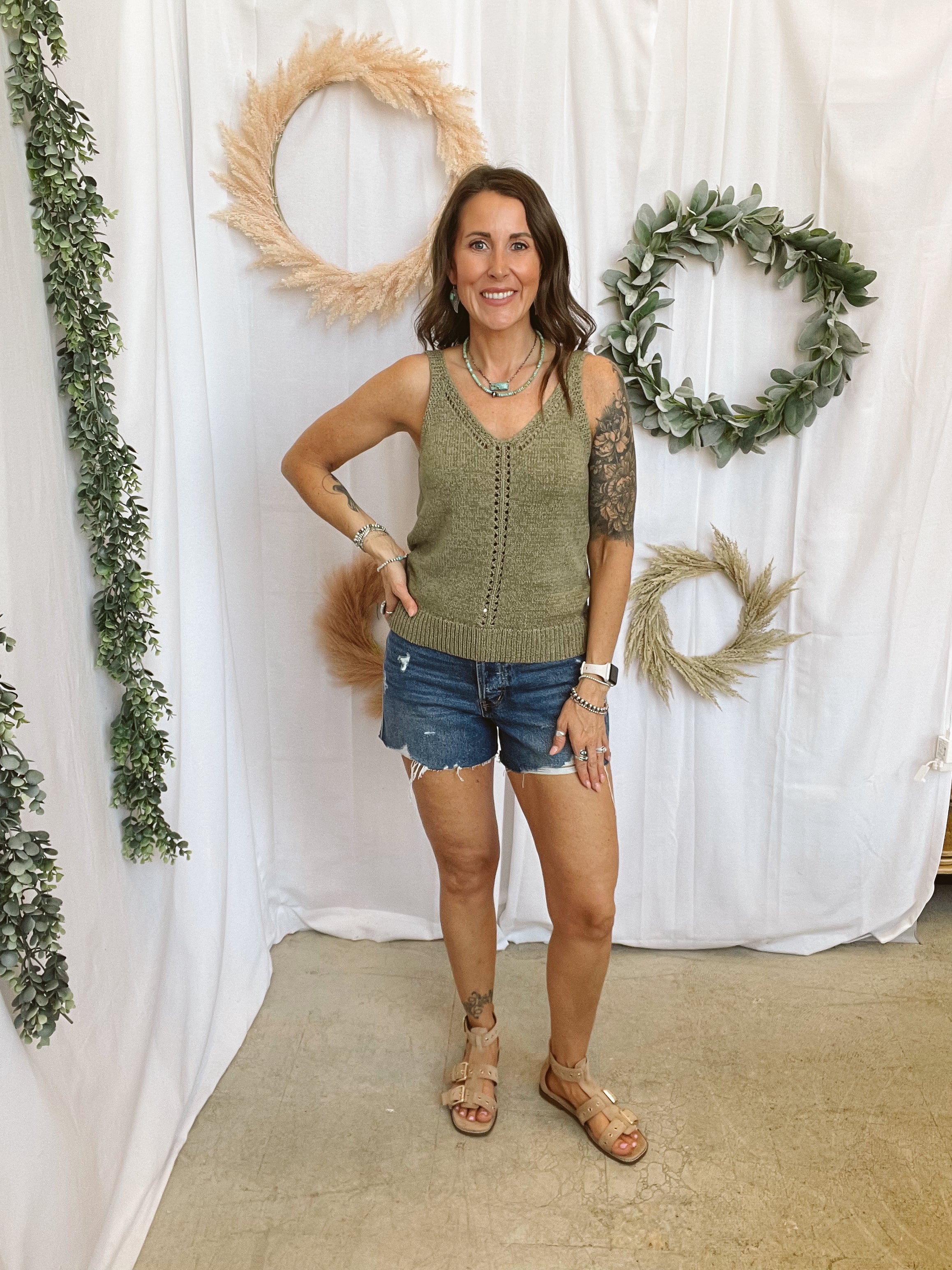 Pointelle Tank Top-Olive-Tank Tops-be cool-The Silo Boutique, Women's Fashion Boutique Located in Warren and Grand Forks North Dakota