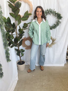 Green and White Stripe Poplin Shirt-Long Sleeve Tops-skies are blue-The Silo Boutique, Women's Fashion Boutique Located in Warren and Grand Forks North Dakota