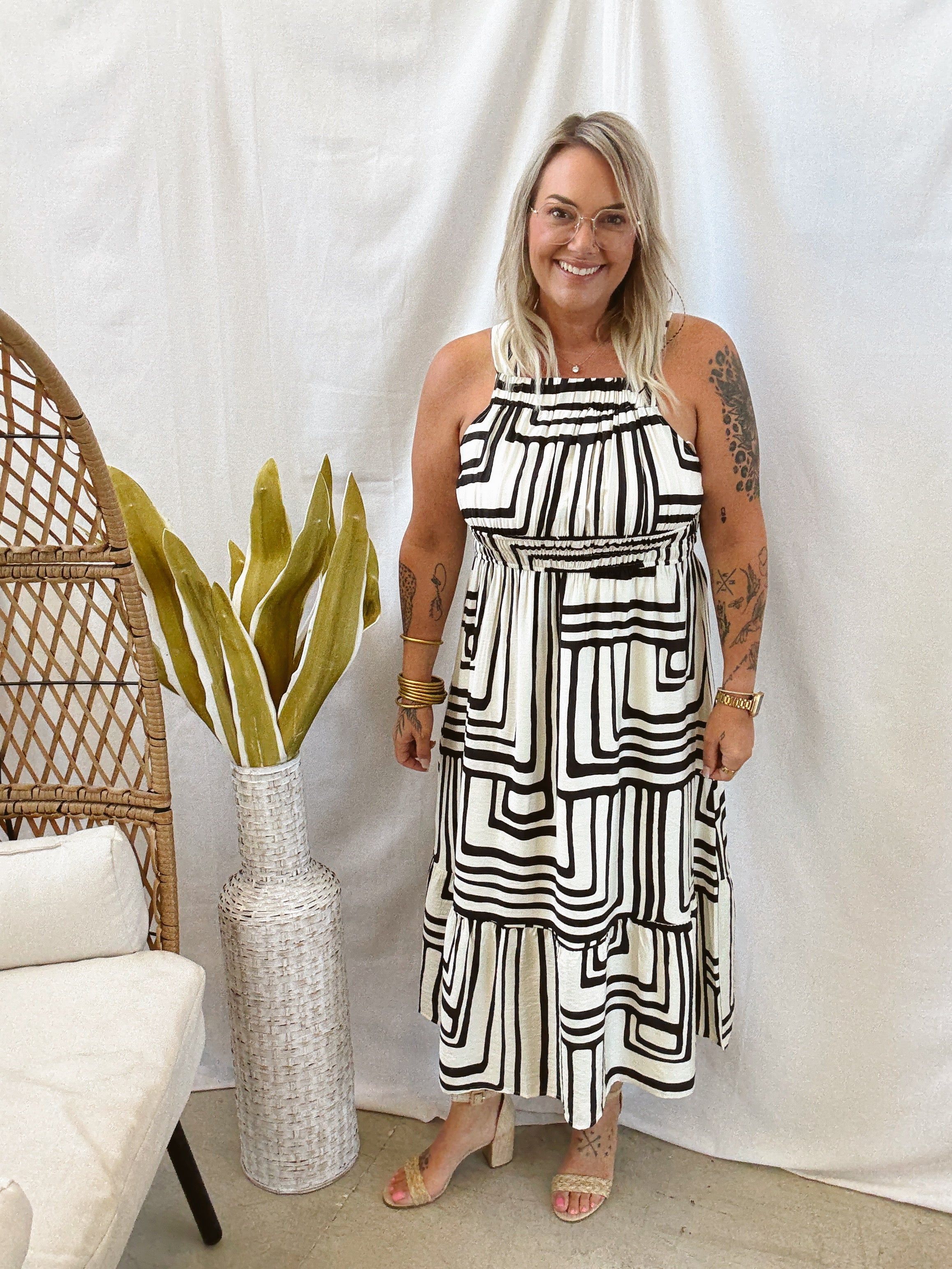 Cream and Black Boho Dress-Dresses-very j-The Silo Boutique, Women's Fashion Boutique Located in Warren and Grand Forks North Dakota