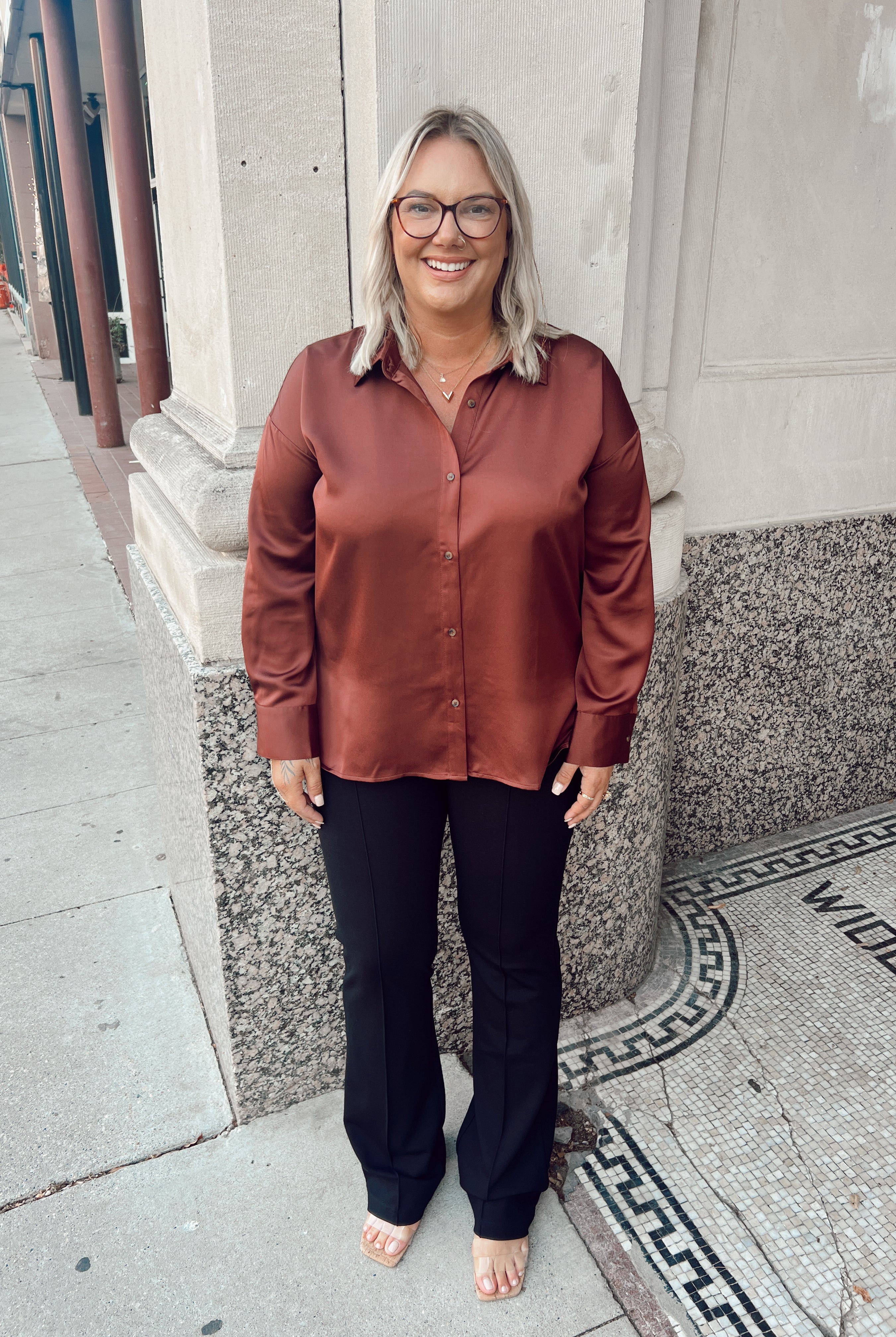 Lysse Auburn Kristin Stitched Satin Shirt-top-lysse-The Silo Boutique, Women's Fashion Boutique Located in Warren and Grand Forks North Dakota