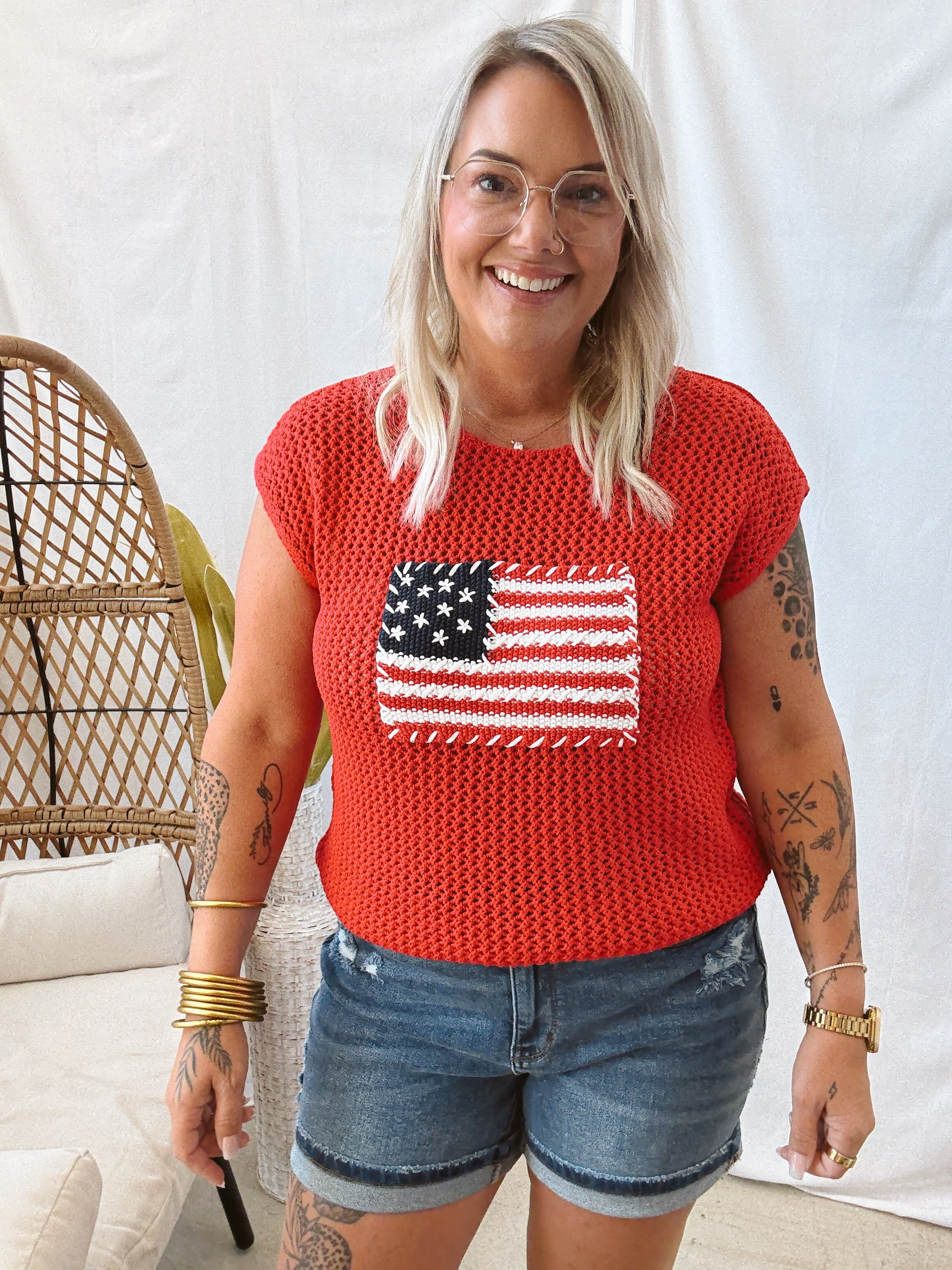 Red Crochet Flag Sweater Tank-Tank Tops-blu pepper-The Silo Boutique, Women's Fashion Boutique Located in Warren and Grand Forks North Dakota
