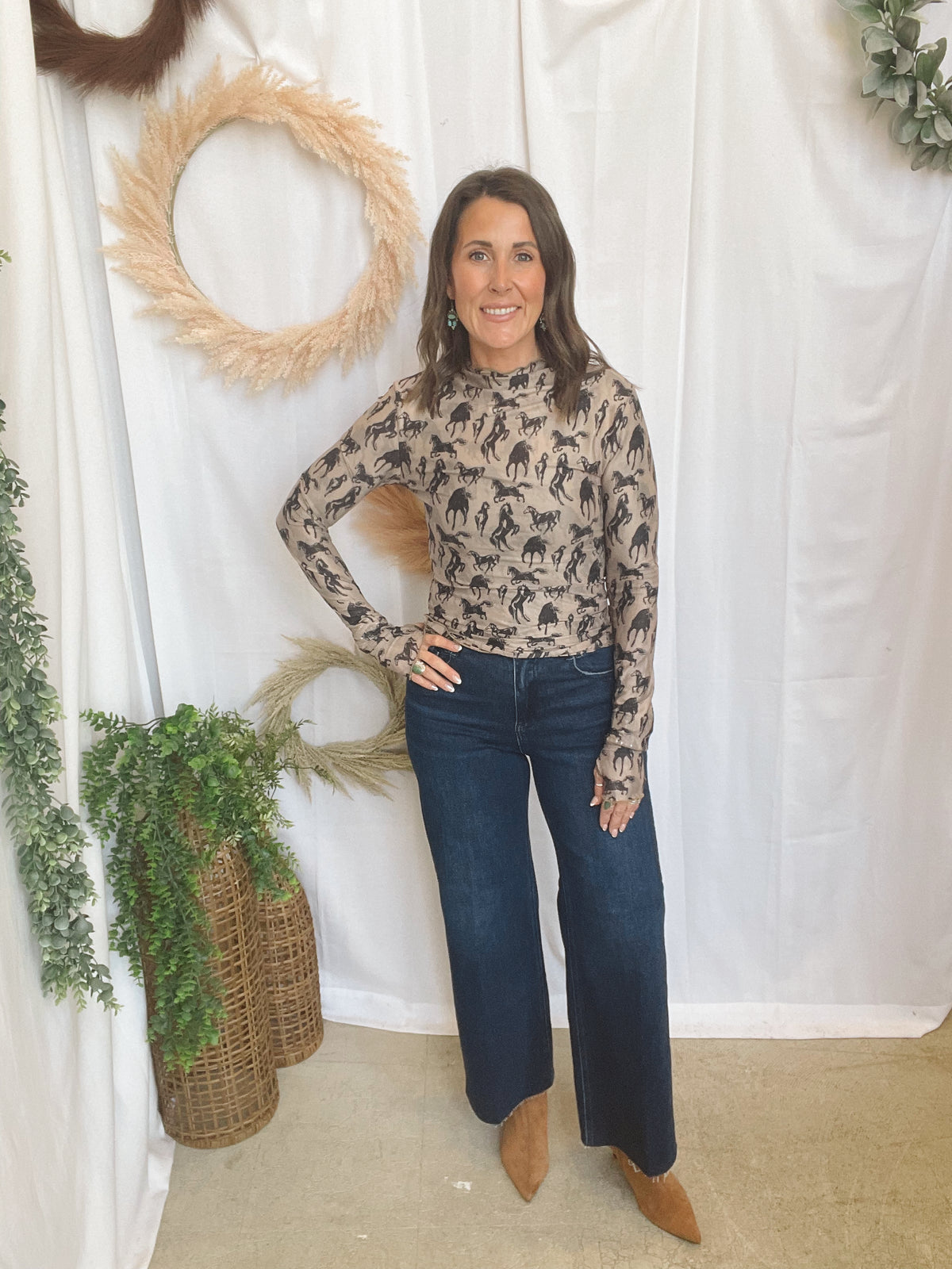 Horse Mesh Long Sleeve Top-Taupe-Long Sleeve Tops-eesome-The Silo Boutique, Women's Fashion Boutique Located in Warren and Grand Forks North Dakota