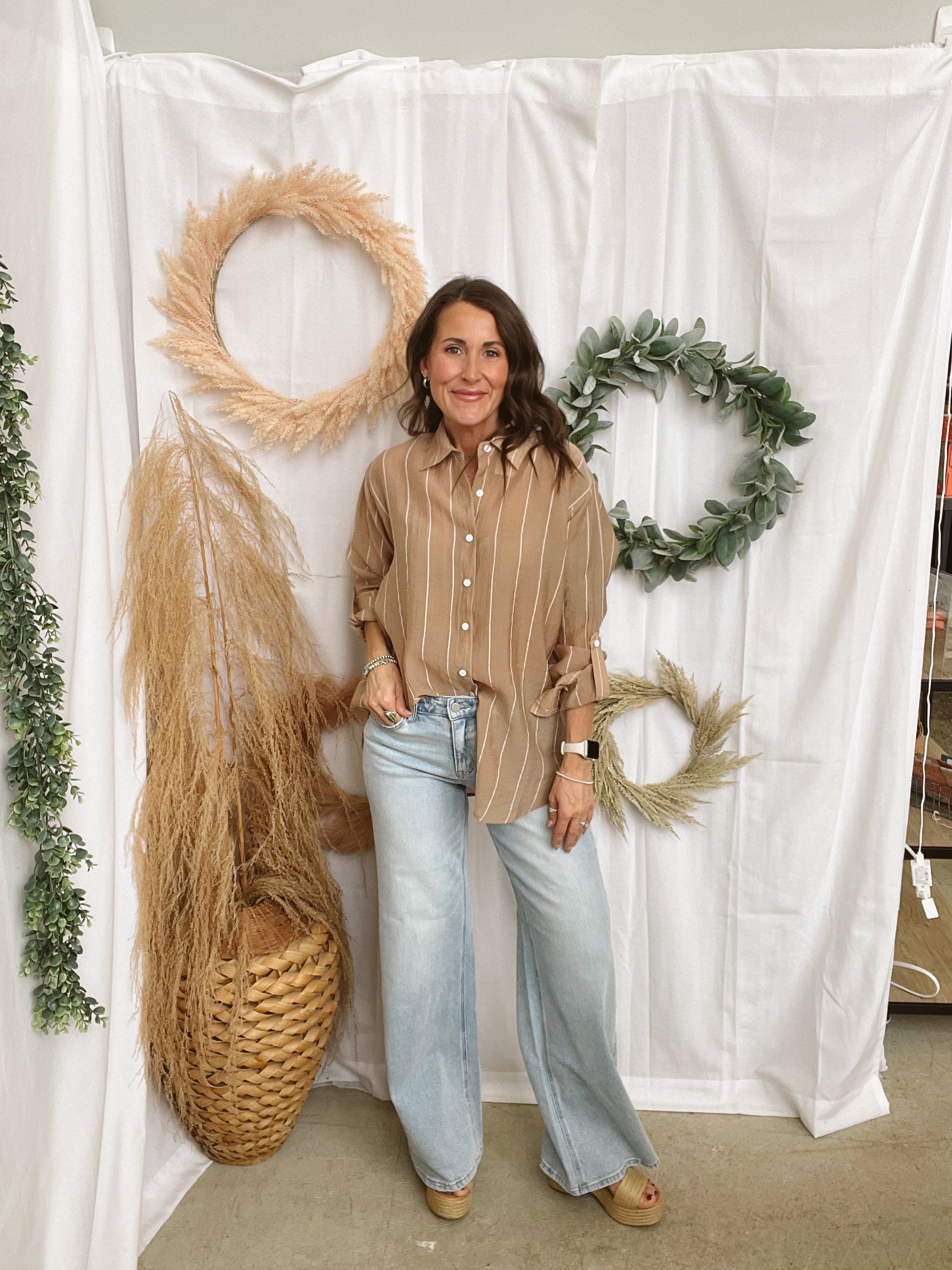 Elan Button Down Tropical Tan Top-Long Sleeve Tops-elan-The Silo Boutique, Women's Fashion Boutique Located in Warren and Grand Forks North Dakota