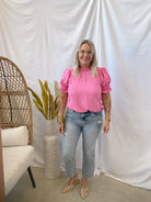 Leslie Solid Ruffle Neck Top-Pink-Short Sleeve Tops-les amis-The Silo Boutique, Women's Fashion Boutique Located in Warren and Grand Forks North Dakota