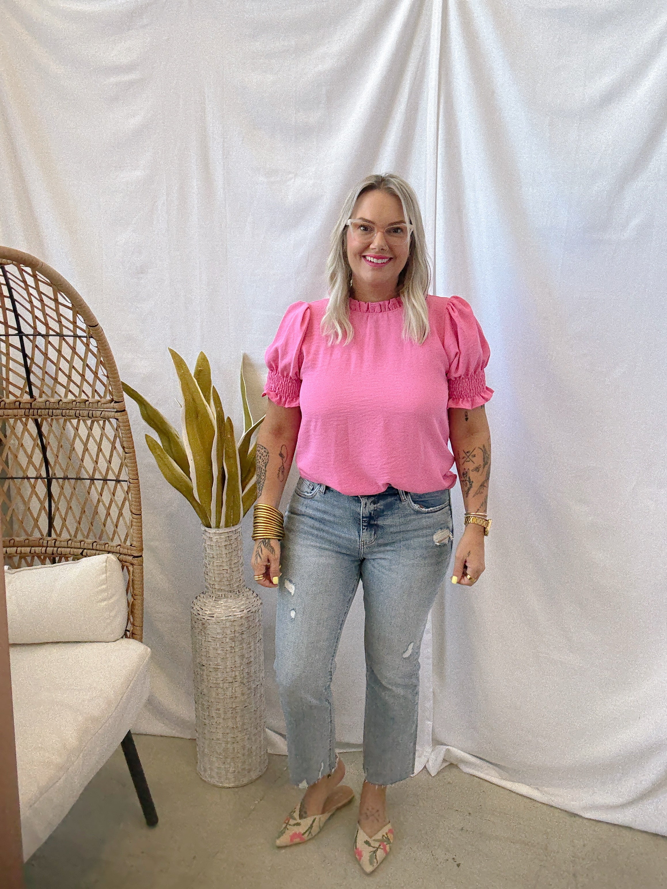 Leslie Solid Ruffle Neck Top-Pink-Short Sleeve Tops-les amis-The Silo Boutique, Women's Fashion Boutique Located in Warren and Grand Forks North Dakota
