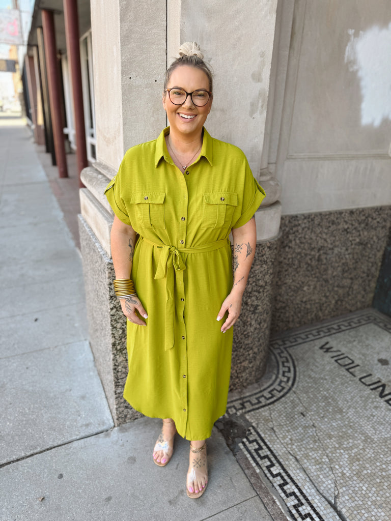 Chartreuse Button Down and Belted Dress-Dresses-she and sky-The Silo Boutique, Women's Fashion Boutique Located in Warren and Grand Forks North Dakota
