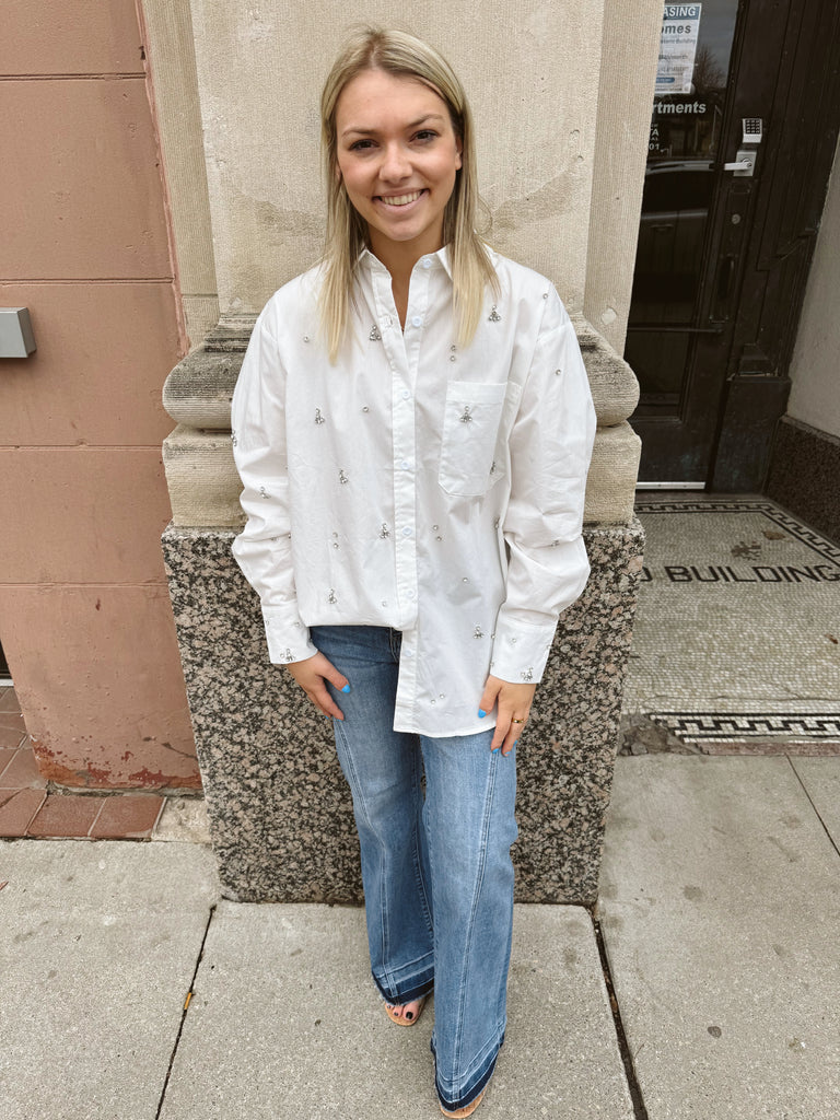 Jewel Studded White Button Down Shirt-Long Sleeve Tops-blue B-The Silo Boutique, Women's Fashion Boutique Located in Warren and Grand Forks North Dakota