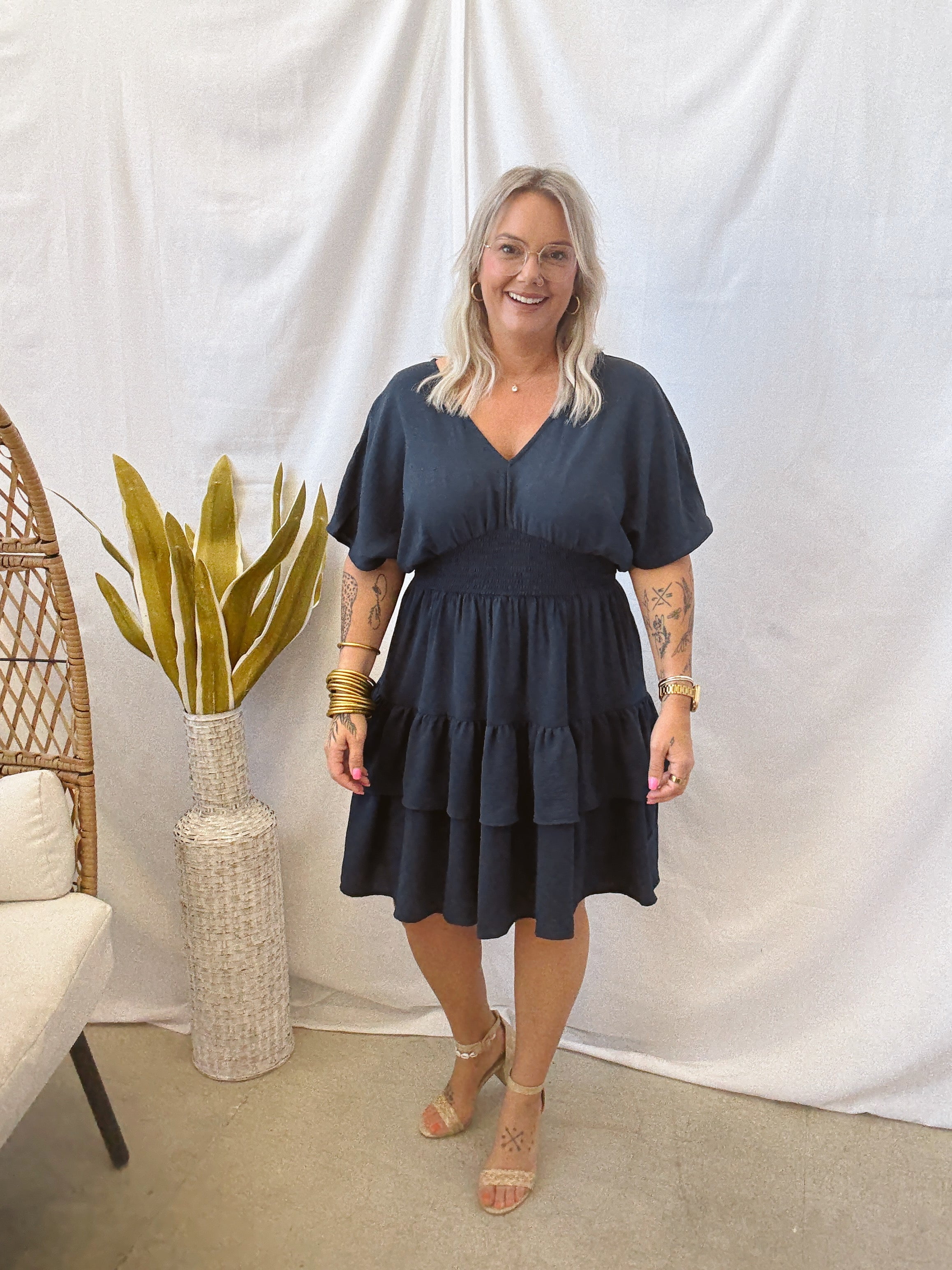 Tiered Midi Dress-Navy-Dresses-she and sky-The Silo Boutique, Women's Fashion Boutique Located in Warren and Grand Forks North Dakota