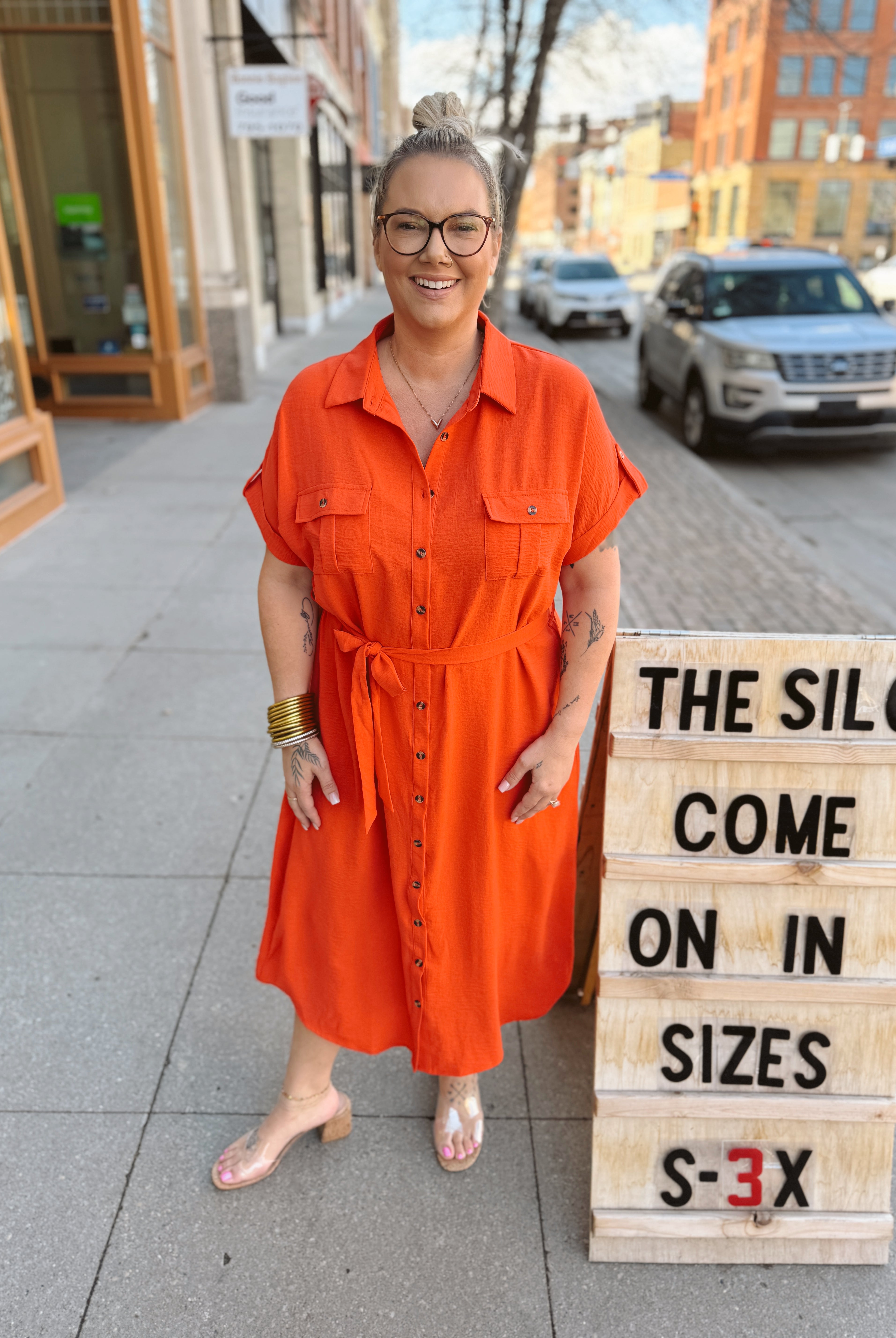 Tomato Button Down and Belted Dress-Dresses-she and sky-The Silo Boutique, Women's Fashion Boutique Located in Warren and Grand Forks North Dakota