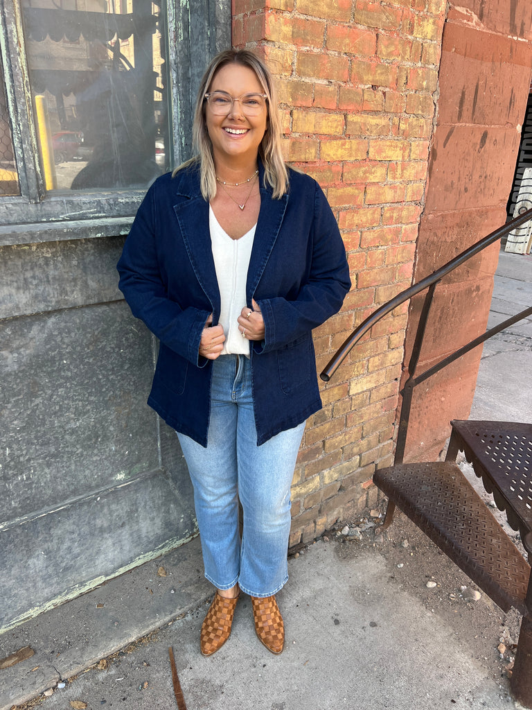 Dark Denim Washed Blazer-Blazers-skies are blue-The Silo Boutique, Women's Fashion Boutique Located in Warren and Grand Forks North Dakota