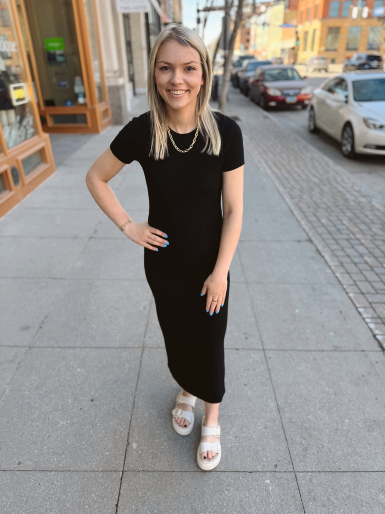 Black Ribbed Tee Shirt Midi Dress-Dresses-be cool-The Silo Boutique, Women's Fashion Boutique Located in Warren and Grand Forks North Dakota