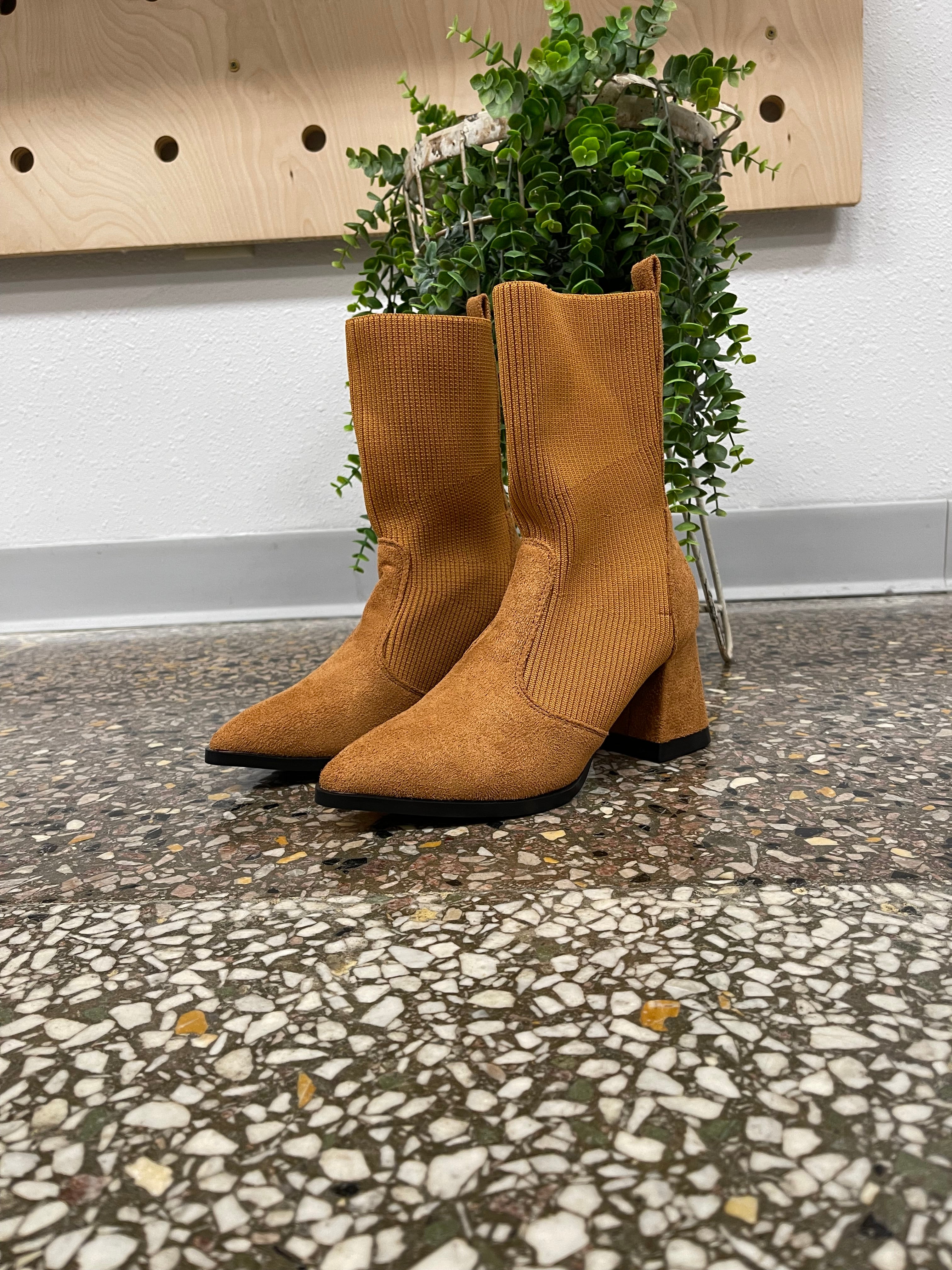 Camel Knit Chelsey Boot-Boots-lazyshoe-The Silo Boutique, Women's Fashion Boutique Located in Warren and Grand Forks North Dakota