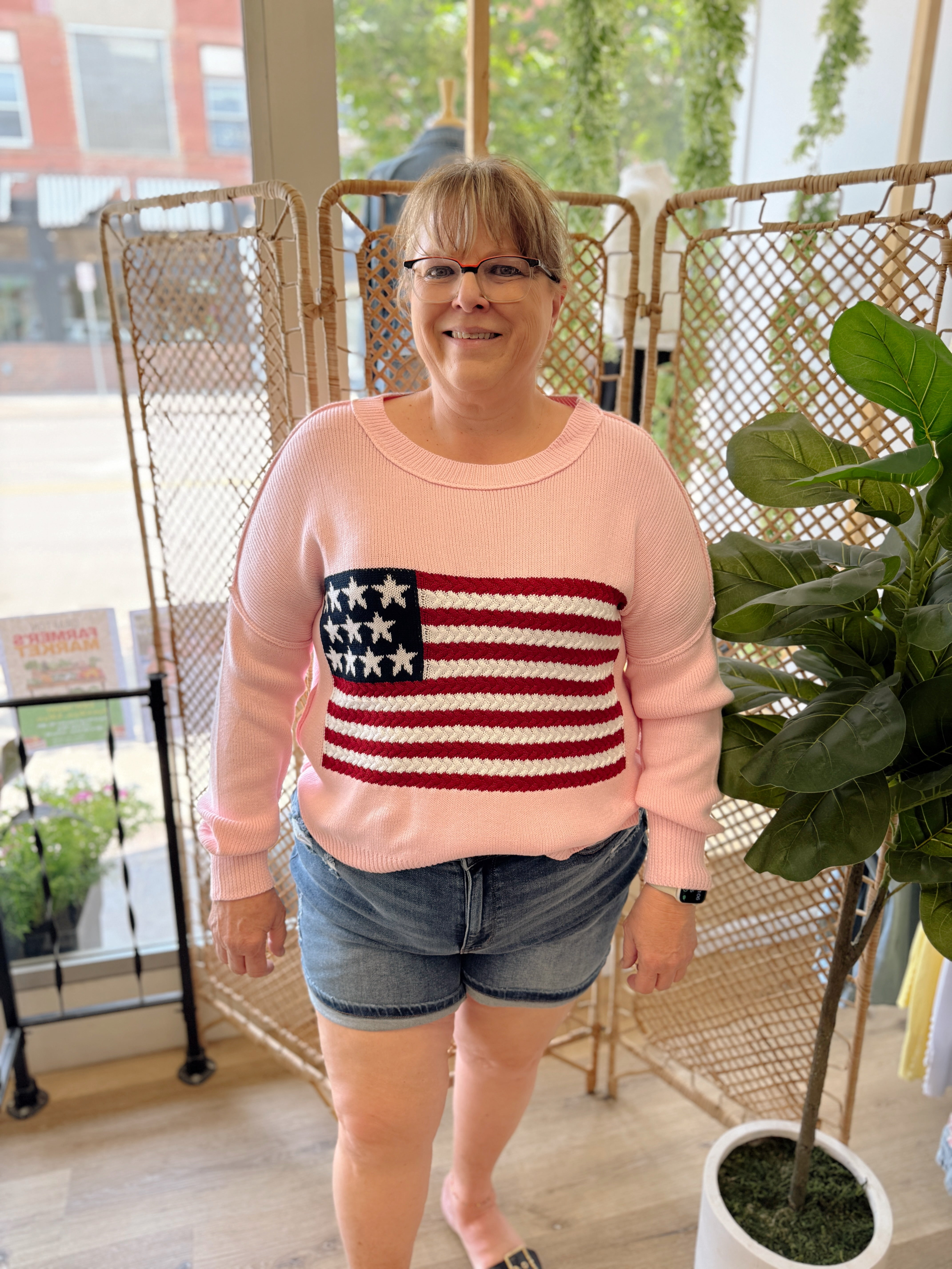 Pink Knit Flag Sweater-Sweaters-miracle-The Silo Boutique, Women's Fashion Boutique Located in Warren and Grand Forks North Dakota
