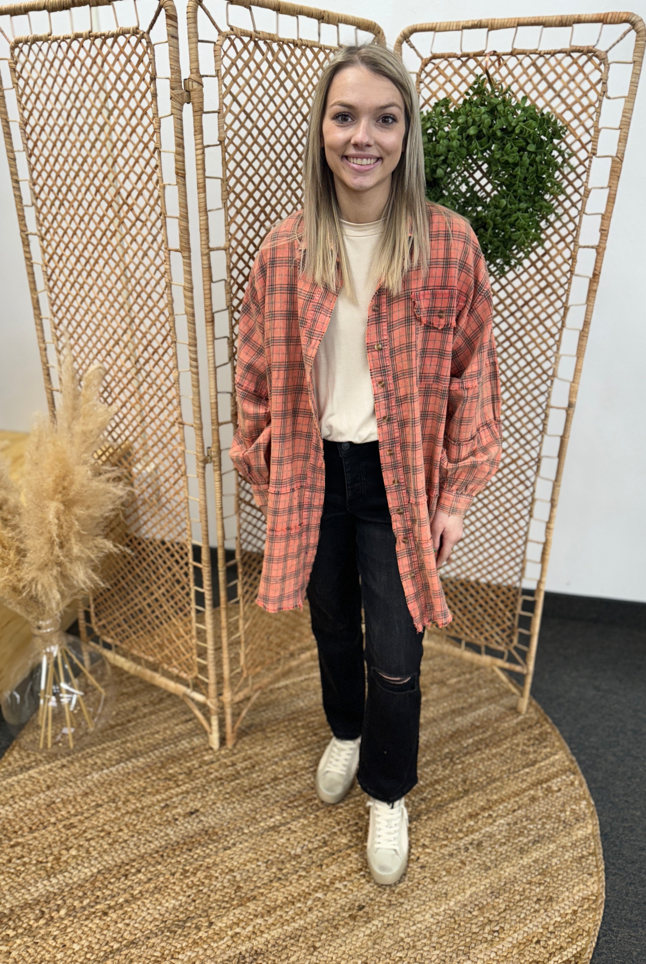 Mineral Washed Coral Plaid Top-easel-The Silo Boutique, Women's Fashion Boutique Located in Warren and Grand Forks North Dakota
