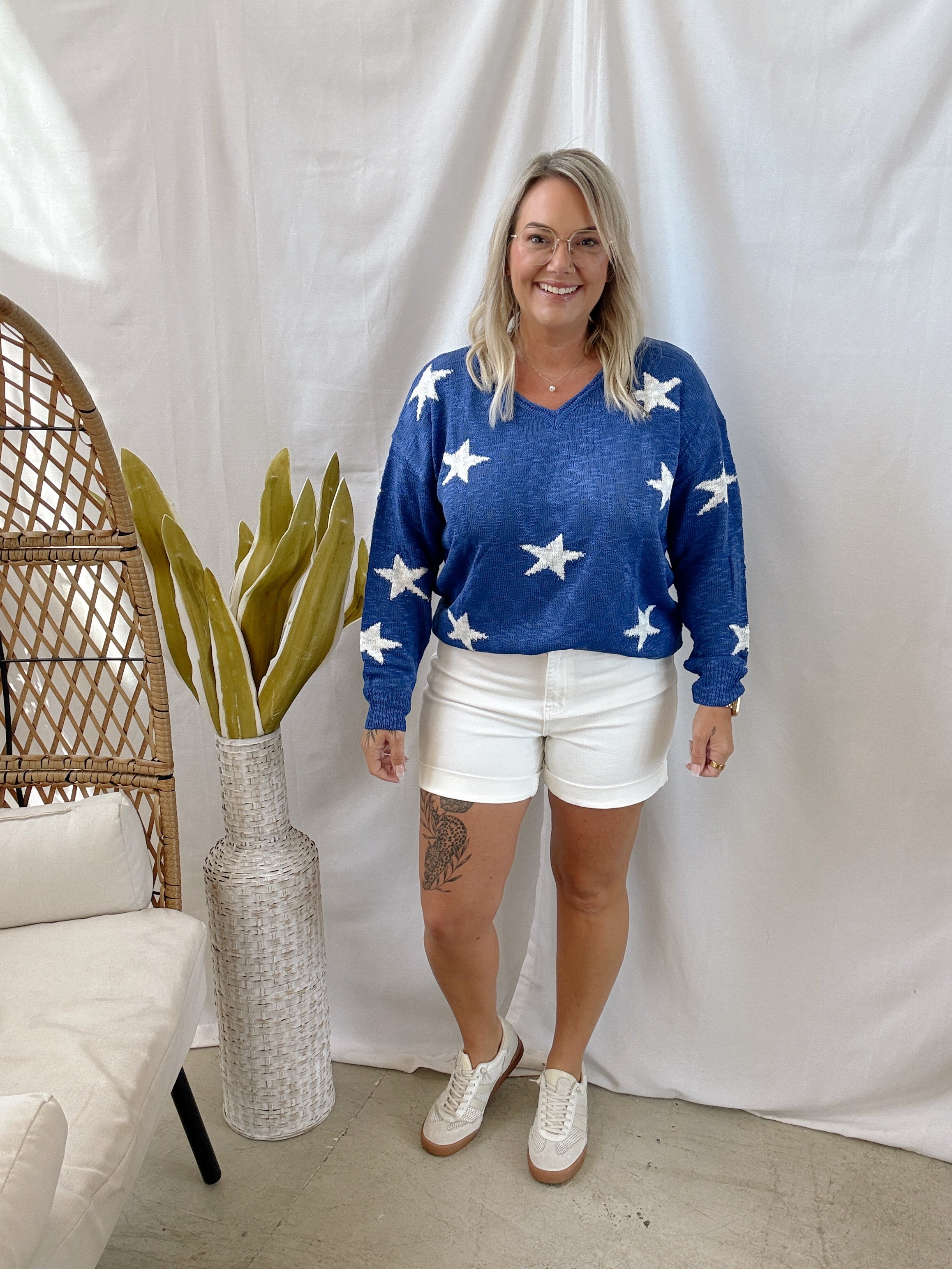 Royal and White Star Sweater-Sweaters-timing-The Silo Boutique, Women's Fashion Boutique Located in Warren and Grand Forks North Dakota