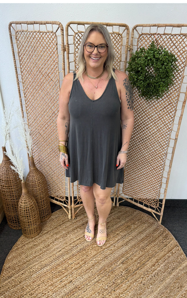 Charcoal Be Cool V Neck Tank Dress-Dress-be cool-The Silo Boutique, Women's Fashion Boutique Located in Warren and Grand Forks North Dakota