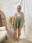 Olive Wash Front Pleated Denim Romper-Jumpsuits & Rompers-veveret-The Silo Boutique, Women's Fashion Boutique Located in Warren and Grand Forks North Dakota