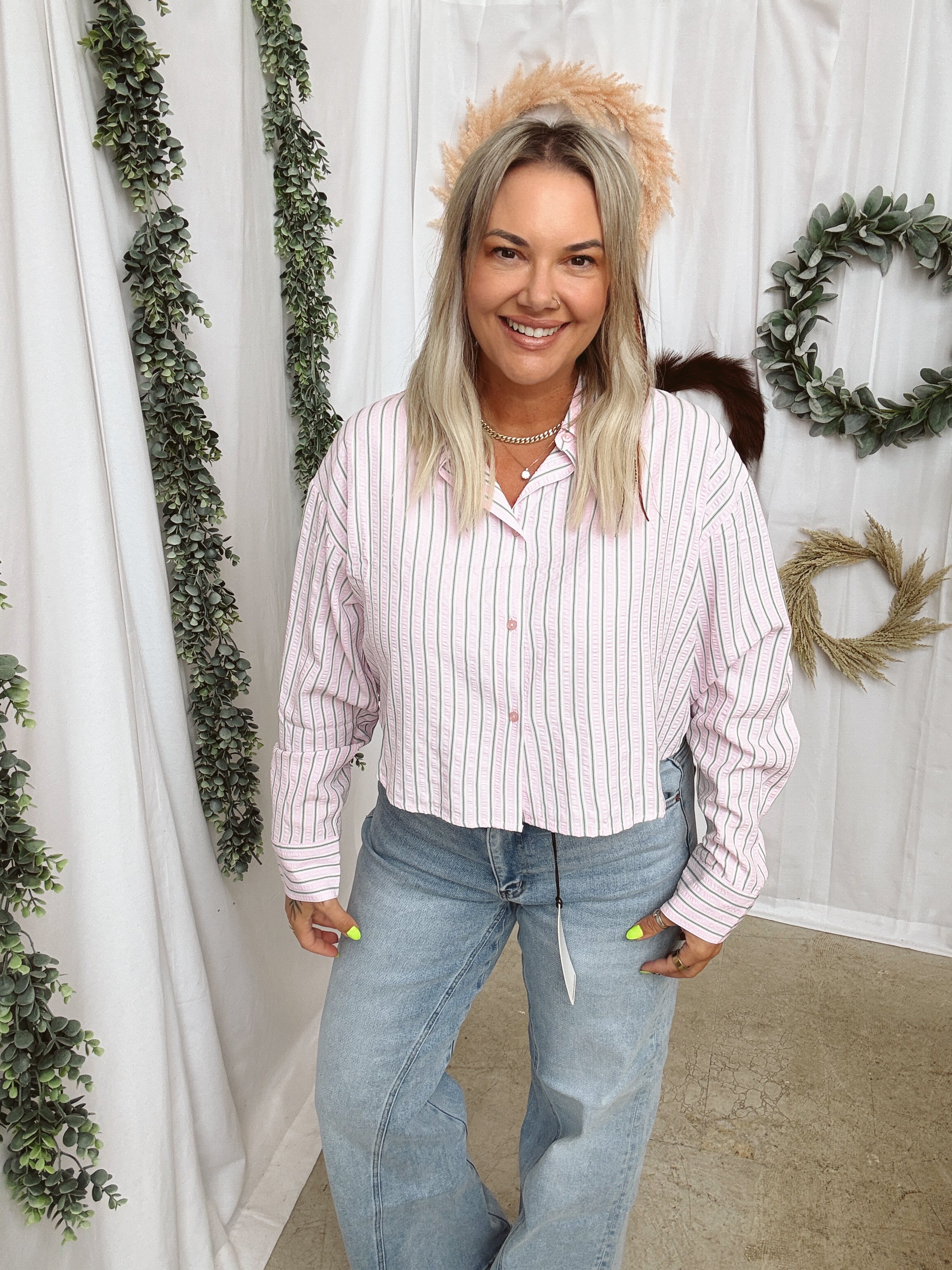 Pinstripe Crop Button Down Top-Long Sleeve Tops-curds-The Silo Boutique, Women's Fashion Boutique Located in Warren and Grand Forks North Dakota