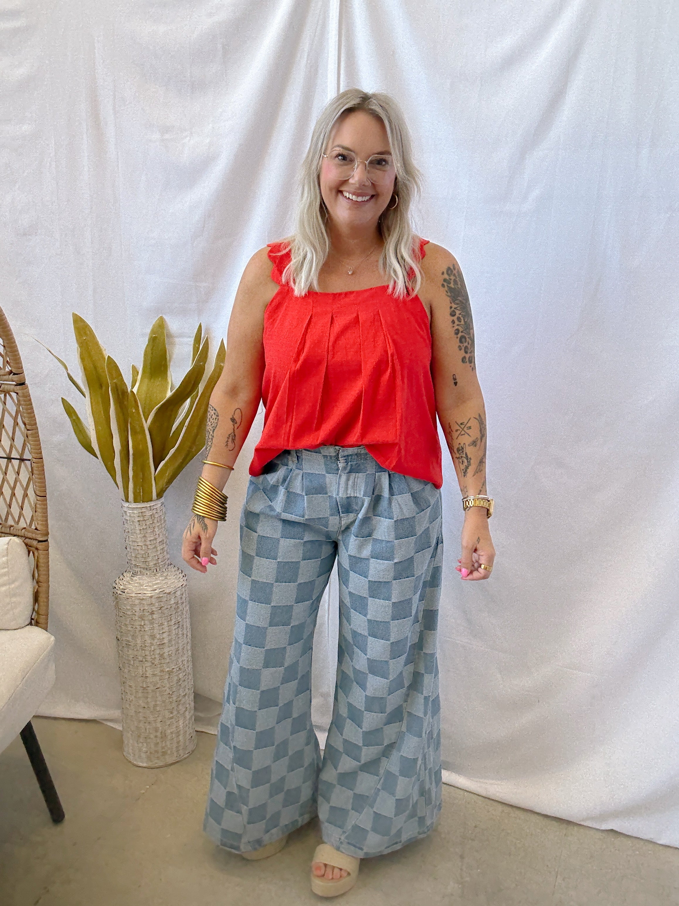 Pleated and Scalloped Tank Top-Red-Tank Tops-ENTRO-The Silo Boutique, Women's Fashion Boutique Located in Warren and Grand Forks North Dakota