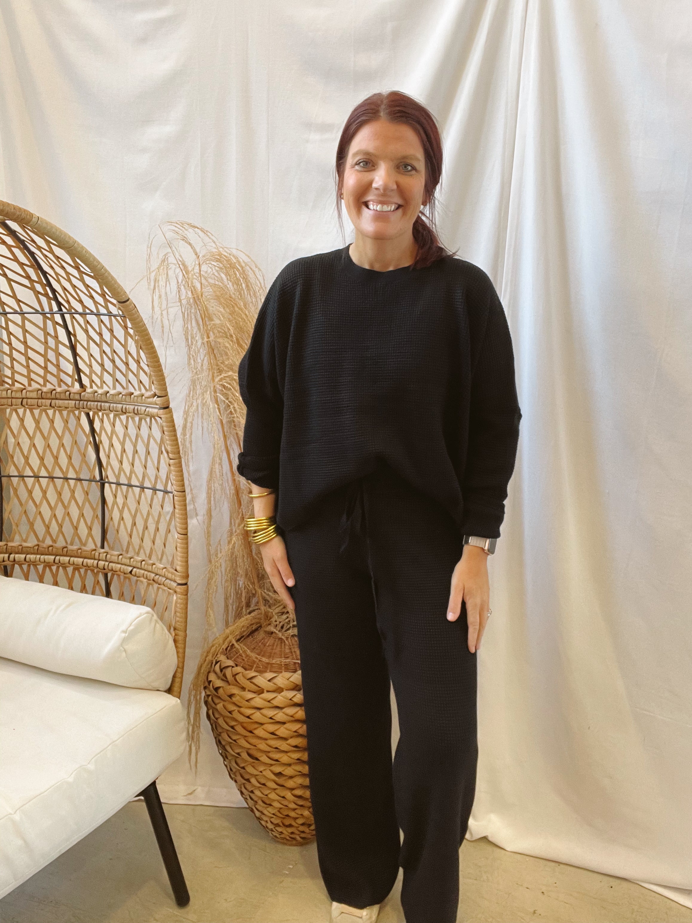 Rose Textured Waffle Set-Black-Outfit Sets-tea and Rose-The Silo Boutique, Women's Fashion Boutique Located in Warren and Grand Forks North Dakota