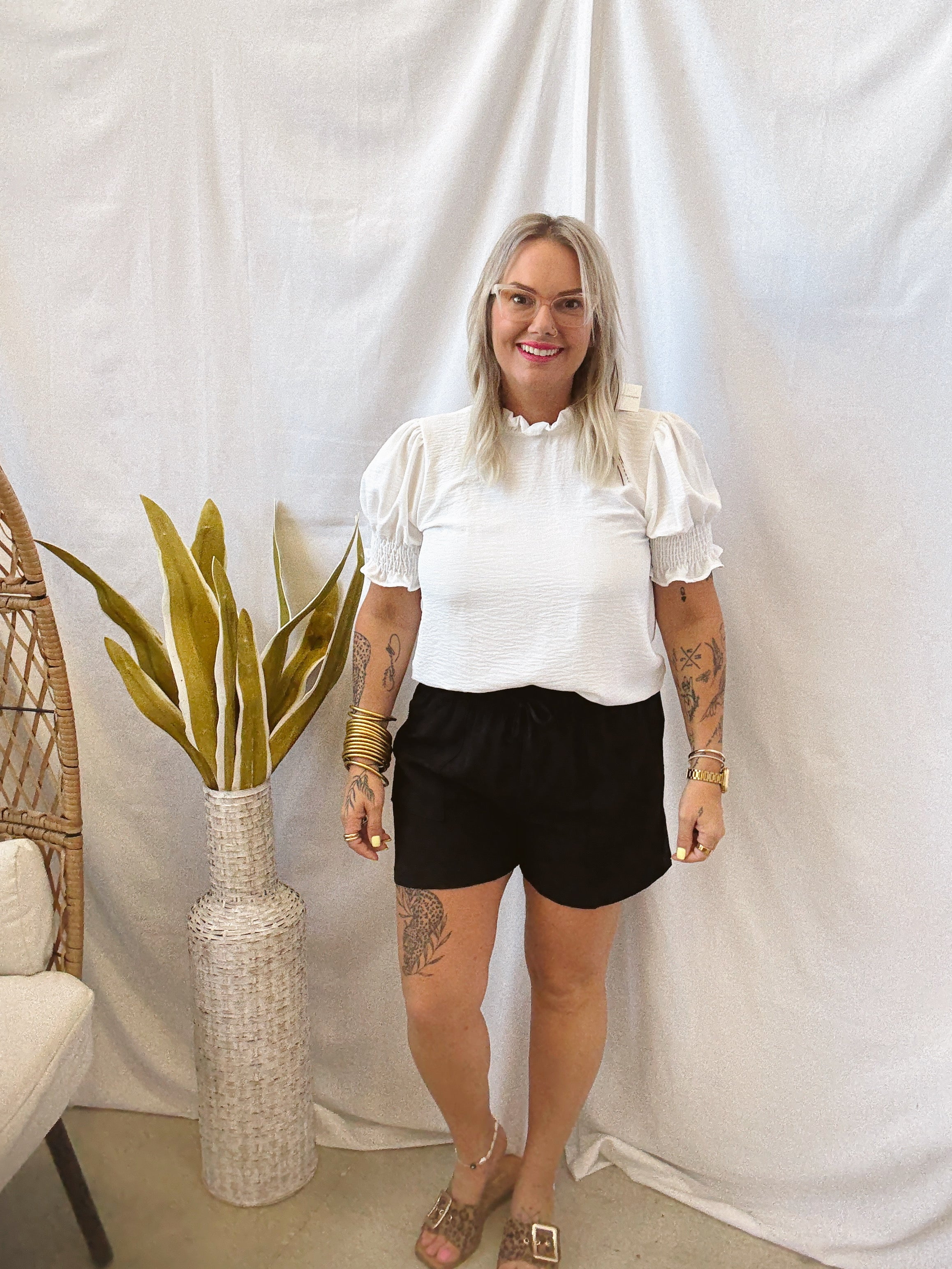 Leslie Solid Ruffle Neck Top-White-Short Sleeve Tops-les amis-The Silo Boutique, Women's Fashion Boutique Located in Warren and Grand Forks North Dakota