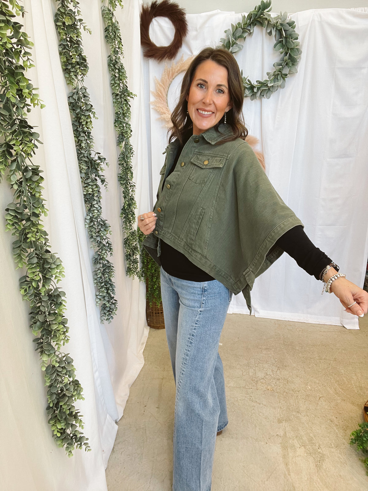 Leslie Denim Cape Jacket-Olive-Coats & Jackets-entro-The Silo Boutique, Women's Fashion Boutique Located in Warren and Grand Forks North Dakota