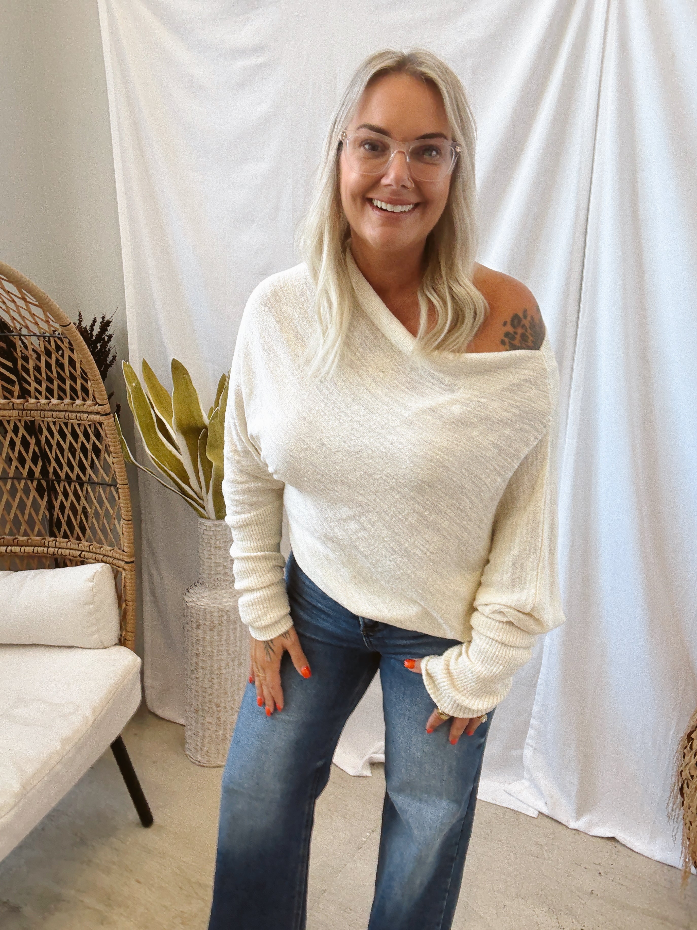 Slub Asymmetrical Cream Sweater-Long Sleeve Tops-promesa-The Silo Boutique, Women's Fashion Boutique Located in Warren and Grand Forks North Dakota