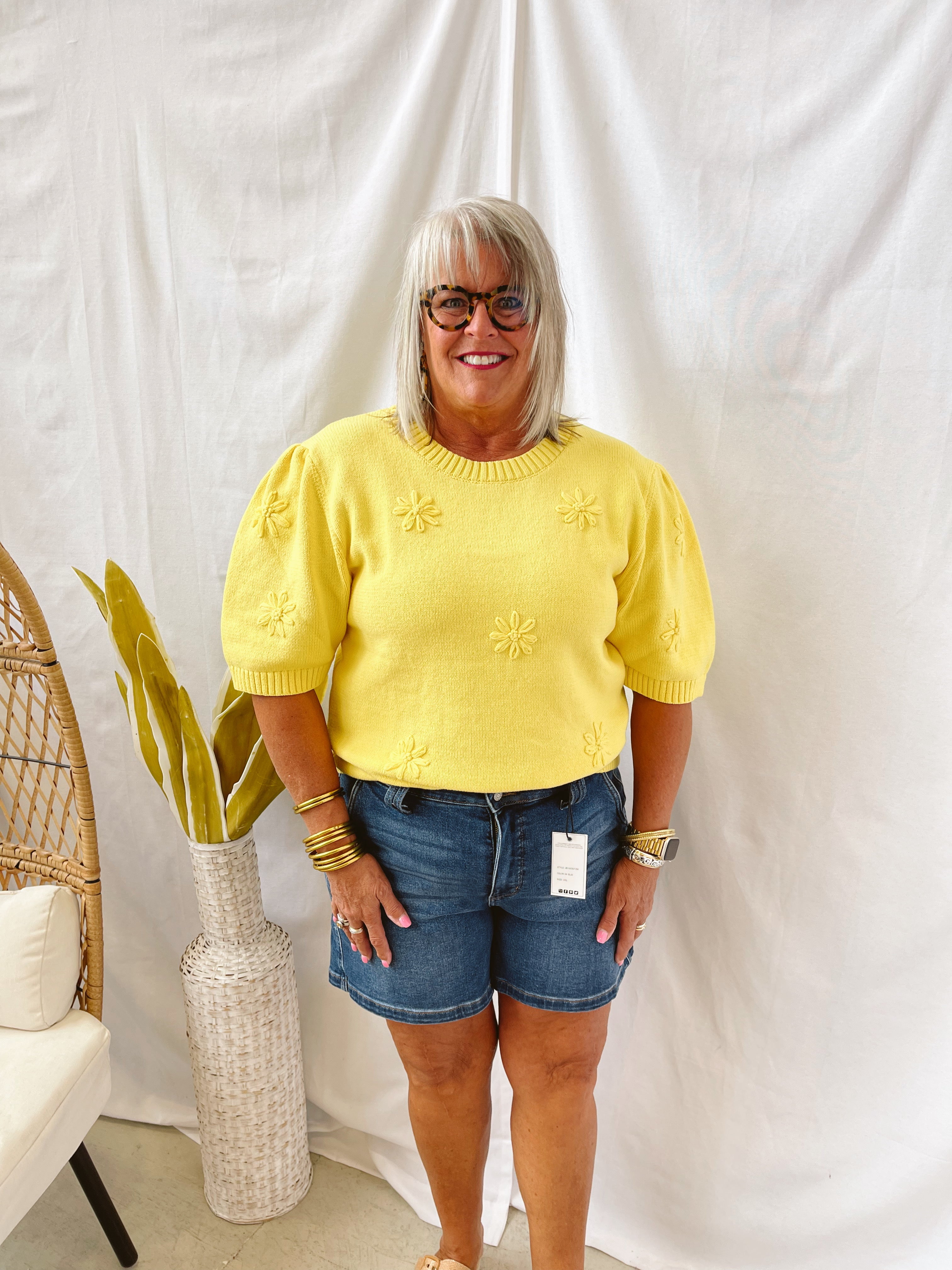 Knitted Flower Motif Sweater-Yellow-Short Sleeve Tops-oddi-The Silo Boutique, Women's Fashion Boutique Located in Warren and Grand Forks North Dakota