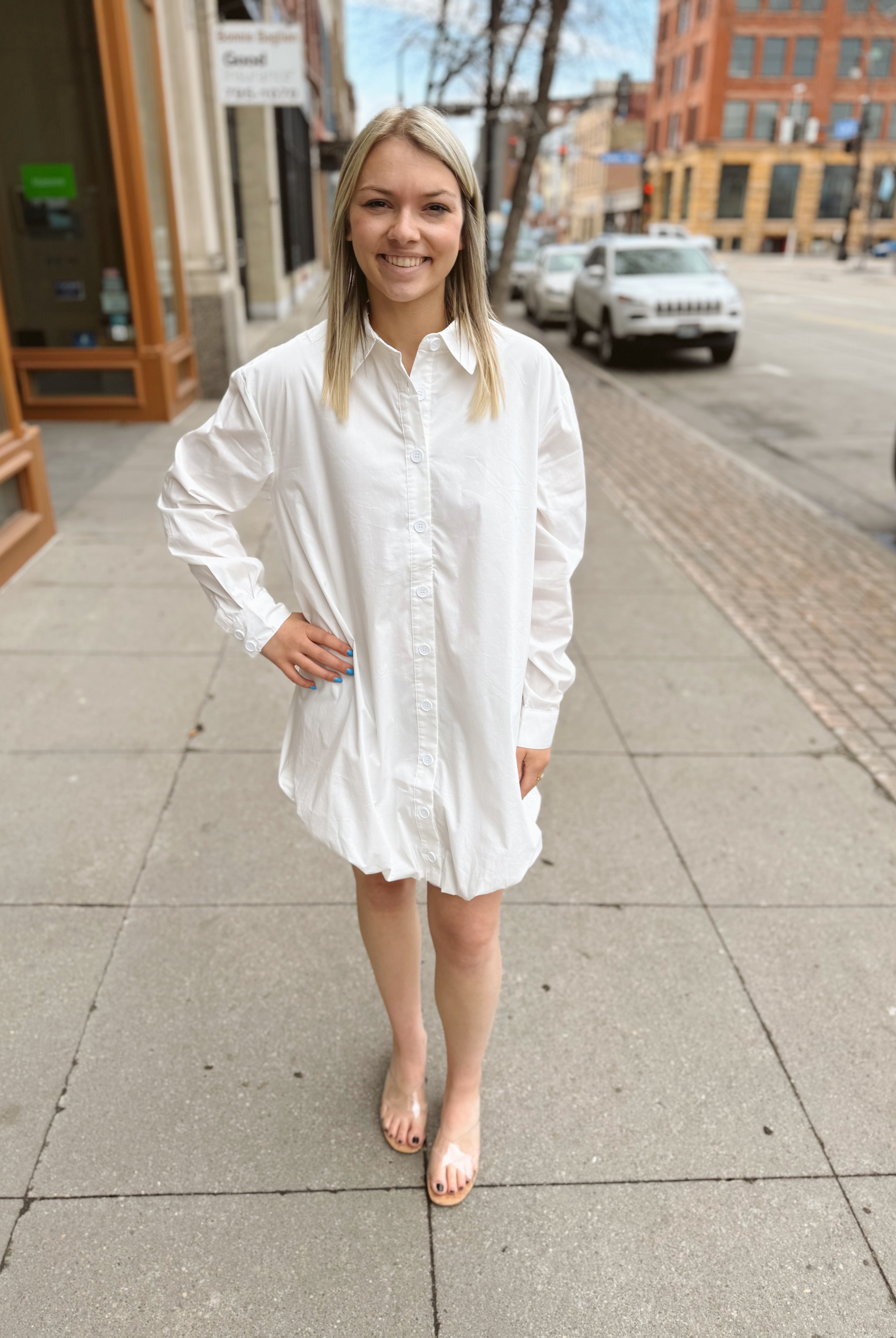 No Business White Button Up Dress-Dresses-en Creme-The Silo Boutique, Women's Fashion Boutique Located in Warren and Grand Forks North Dakota
