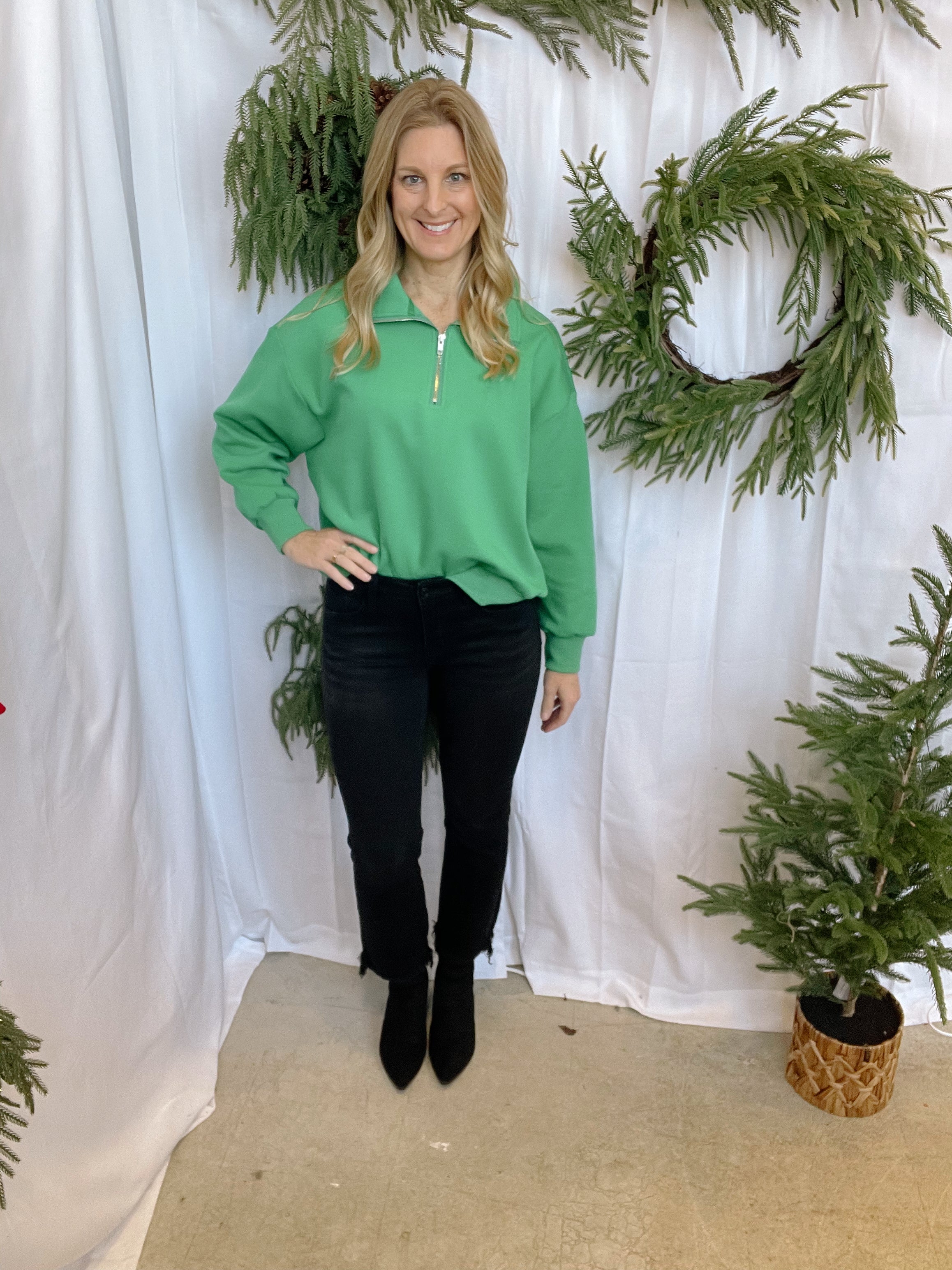 Green Quarter Zip Pullover Sweatshirt-Sweatshirts-she and sky-The Silo Boutique, Women's Fashion Boutique Located in Warren and Grand Forks North Dakota