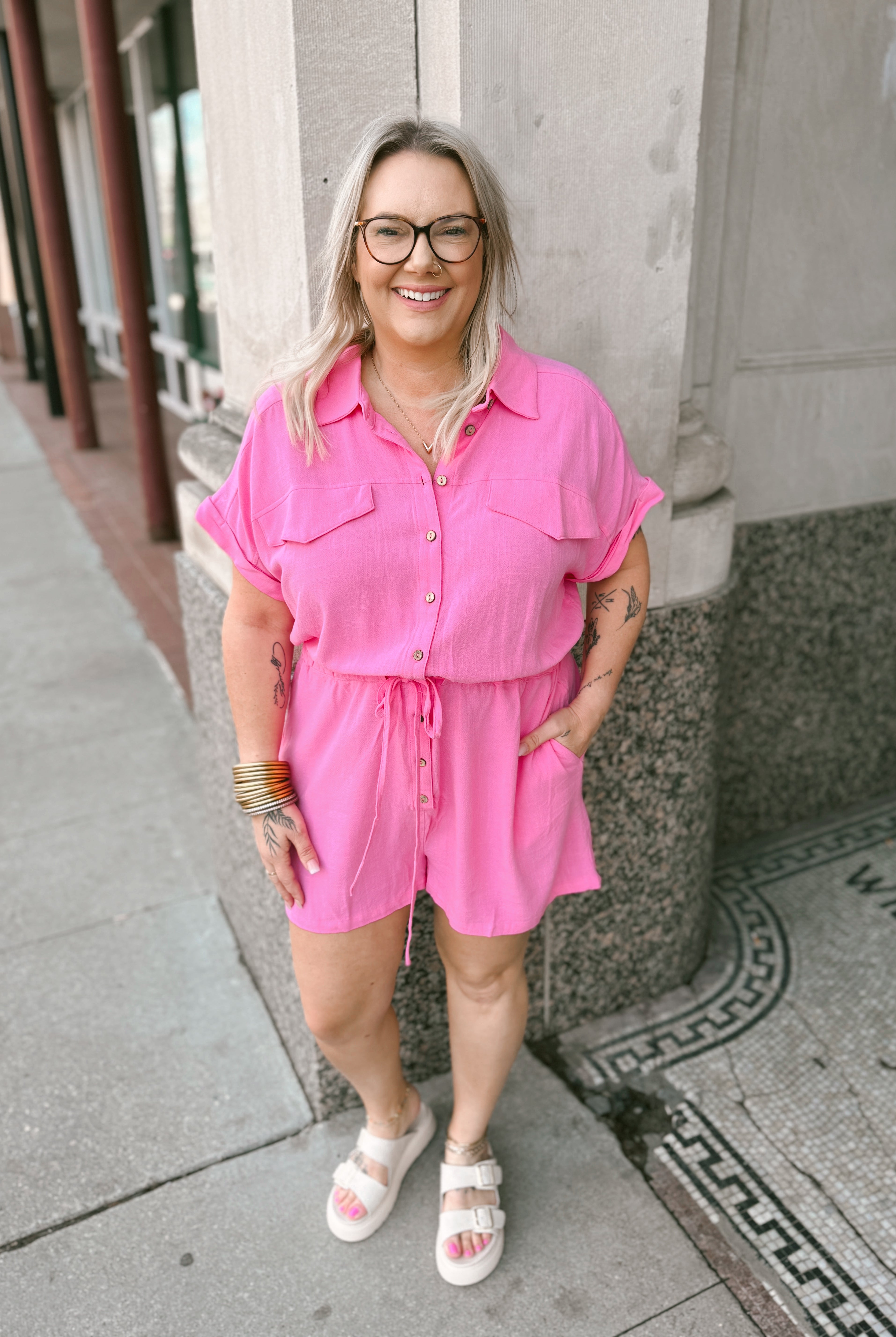 Pink Romper-Jumpsuits & Rompers-she and sky-The Silo Boutique, Women's Fashion Boutique Located in Warren and Grand Forks North Dakota
