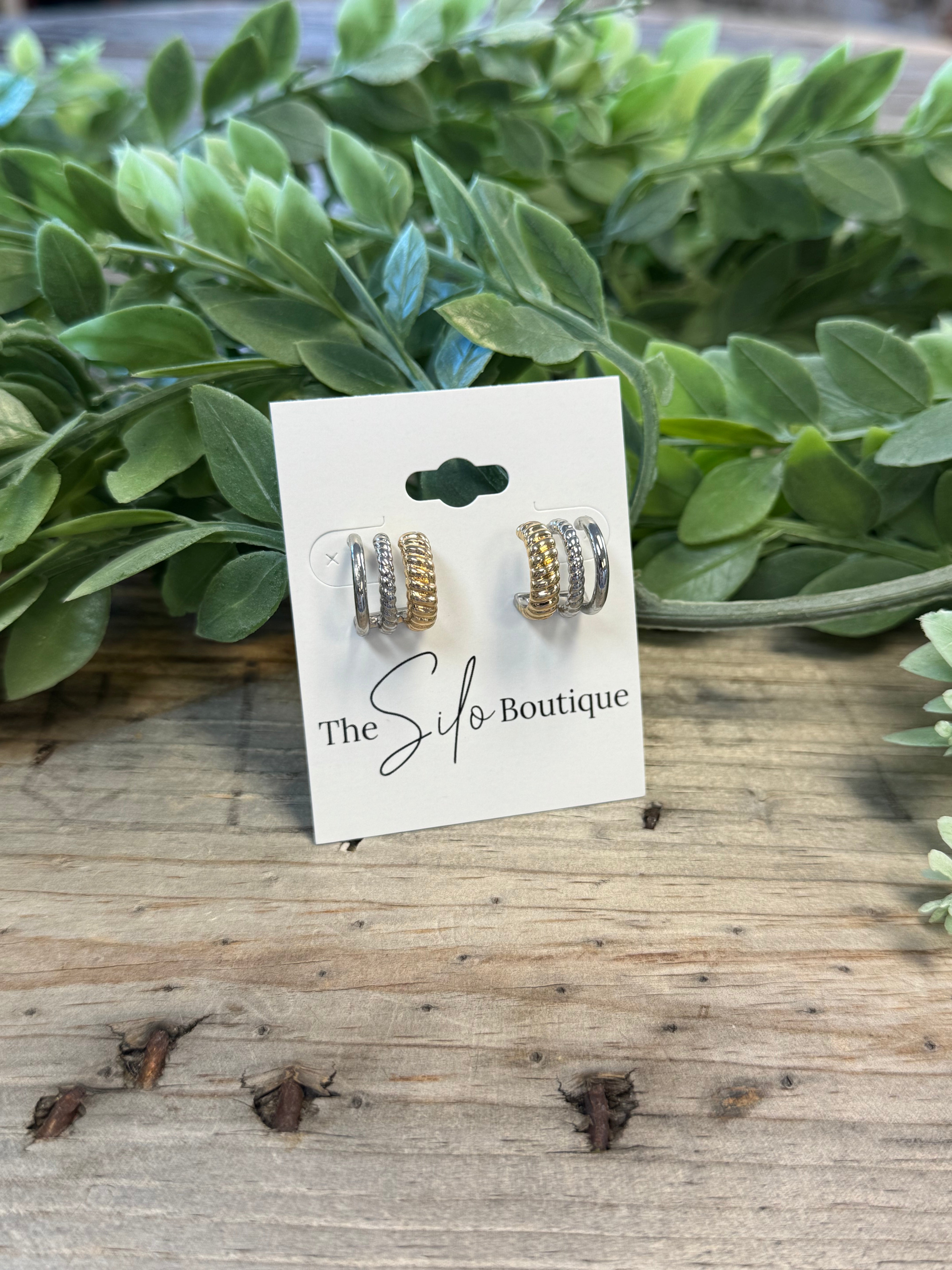 Mix Metal Textured Triple Earrings-Earrings-kenze-The Silo Boutique, Women's Fashion Boutique Located in Warren and Grand Forks North Dakota