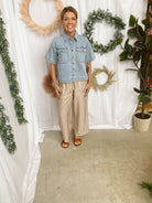 Whitney Denim Button Up Shirt-Short Sleeve Tops-wishlist-The Silo Boutique, Women's Fashion Boutique Located in Warren and Grand Forks North Dakota
