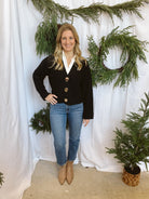 Gold Button Sweater Cardigan-Black-Cardigans-she and sky-The Silo Boutique, Women's Fashion Boutique Located in Warren and Grand Forks North Dakota