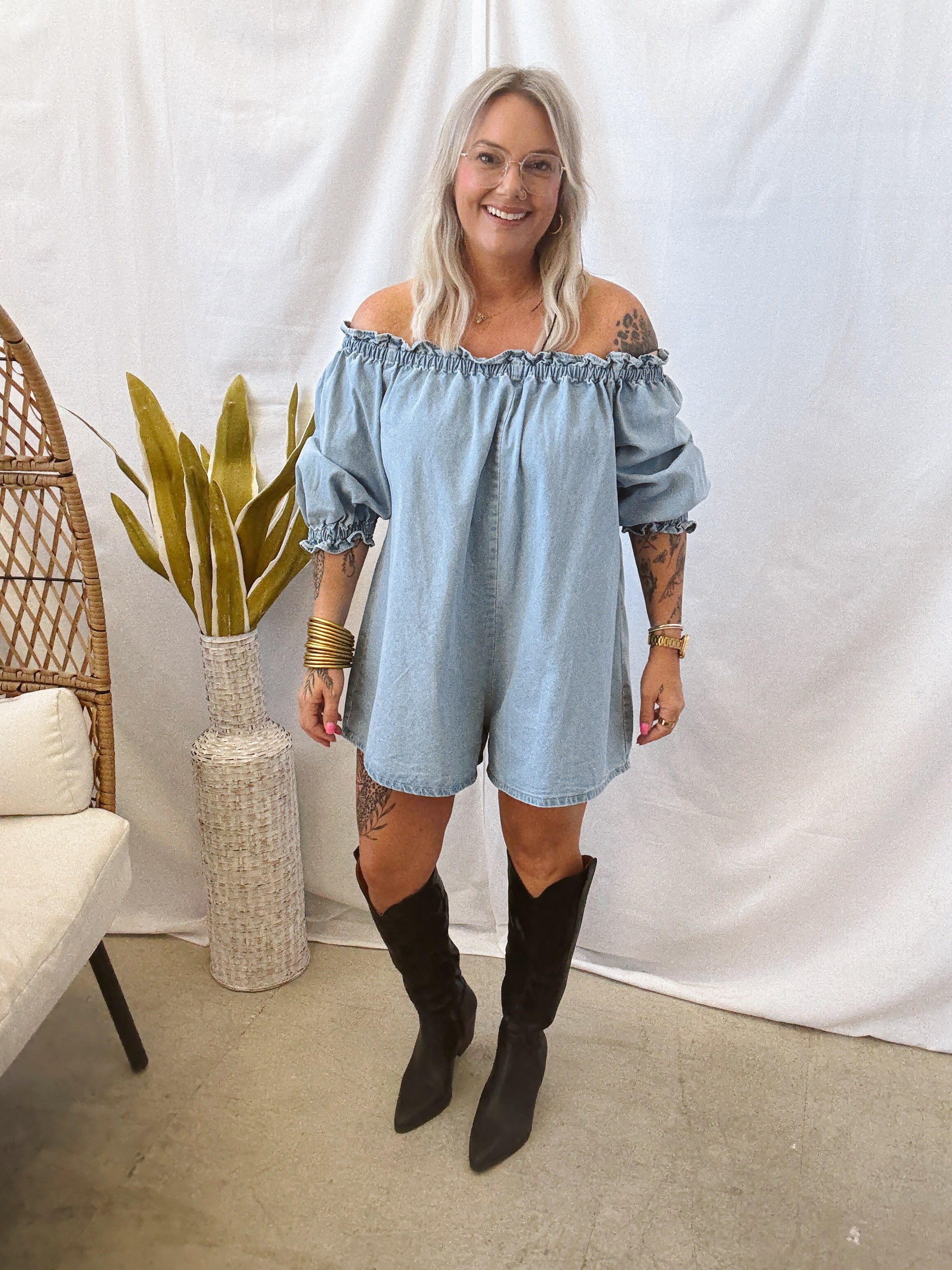 Off The Shoulder Denim Romper-Jumpsuits & Rompers-veveret-The Silo Boutique, Women's Fashion Boutique Located in Warren and Grand Forks North Dakota