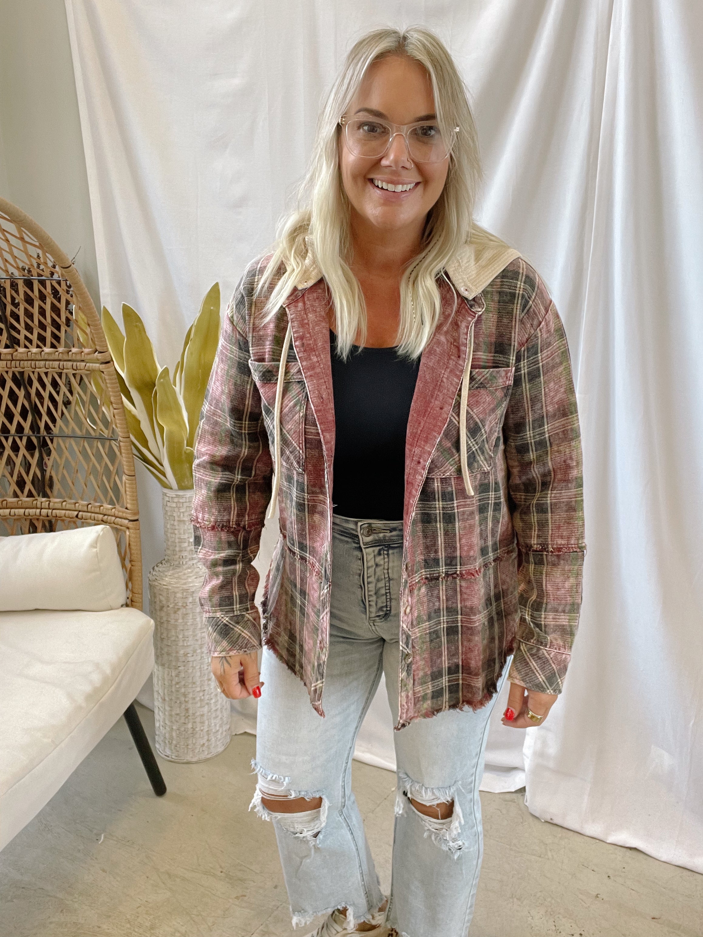 Washed Merlot Plaid Hooded Shacket-Blazers-mystree-The Silo Boutique, Women's Fashion Boutique Located in Warren and Grand Forks North Dakota