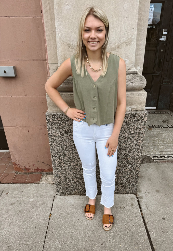 Olive Linen Vest-Vests-hem and thread-The Silo Boutique, Women's Fashion Boutique Located in Warren and Grand Forks North Dakota