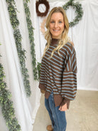 Nikki Mock Neck Sweatshirt-Brown/Blue-sweashirts-hyfve-The Silo Boutique, Women's Fashion Boutique Located in Warren and Grand Forks North Dakota