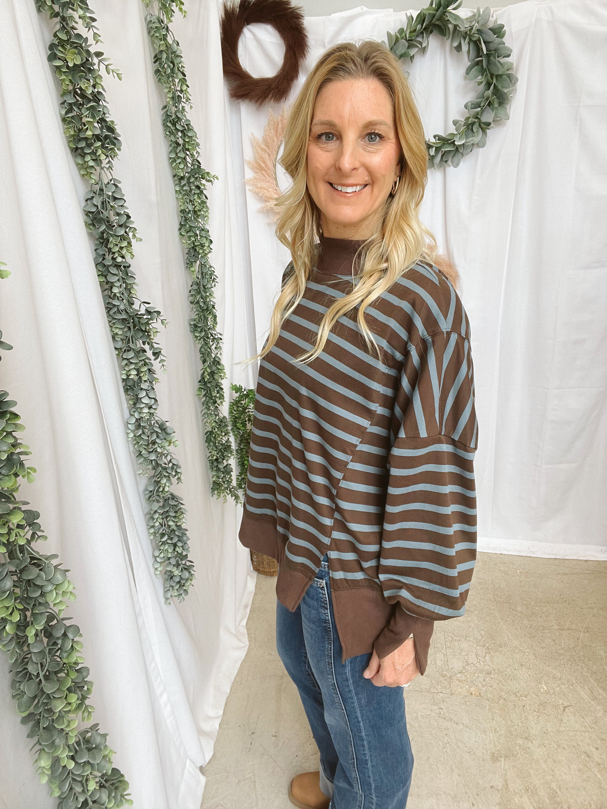 Nikki Mock Neck Sweatshirt-Brown/Blue-sweashirts-hyfve-The Silo Boutique, Women's Fashion Boutique Located in Warren and Grand Forks North Dakota