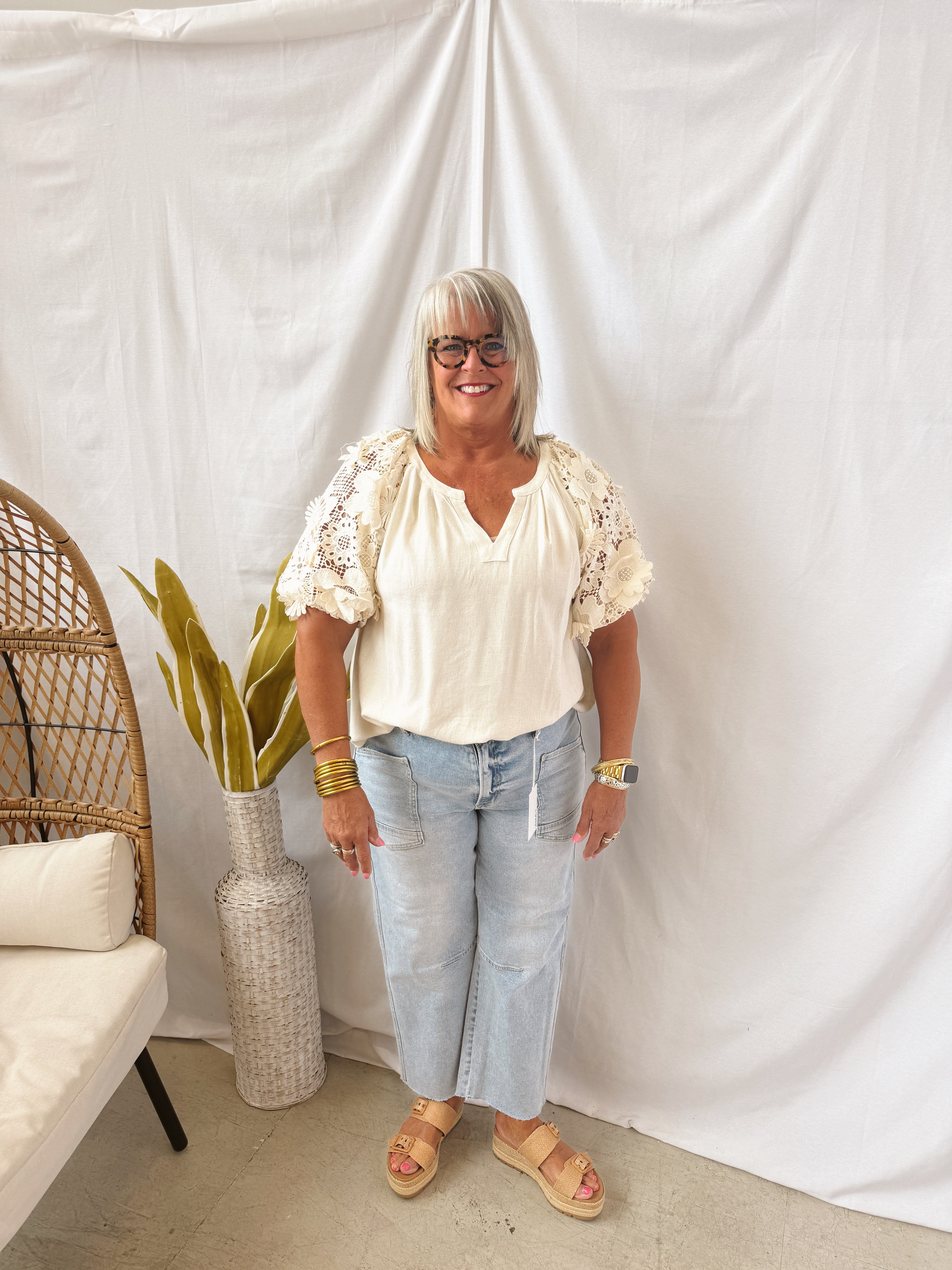 Linen and Lace Top-Oatmeal-Short Sleeve Tops-Umgee-The Silo Boutique, Women's Fashion Boutique Located in Warren and Grand Forks North Dakota