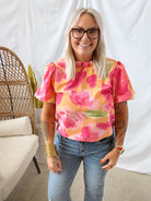 Cantaloupe Floral Vibes Top-Short Sleeve Tops-les amis-The Silo Boutique, Women's Fashion Boutique Located in Warren and Grand Forks North Dakota