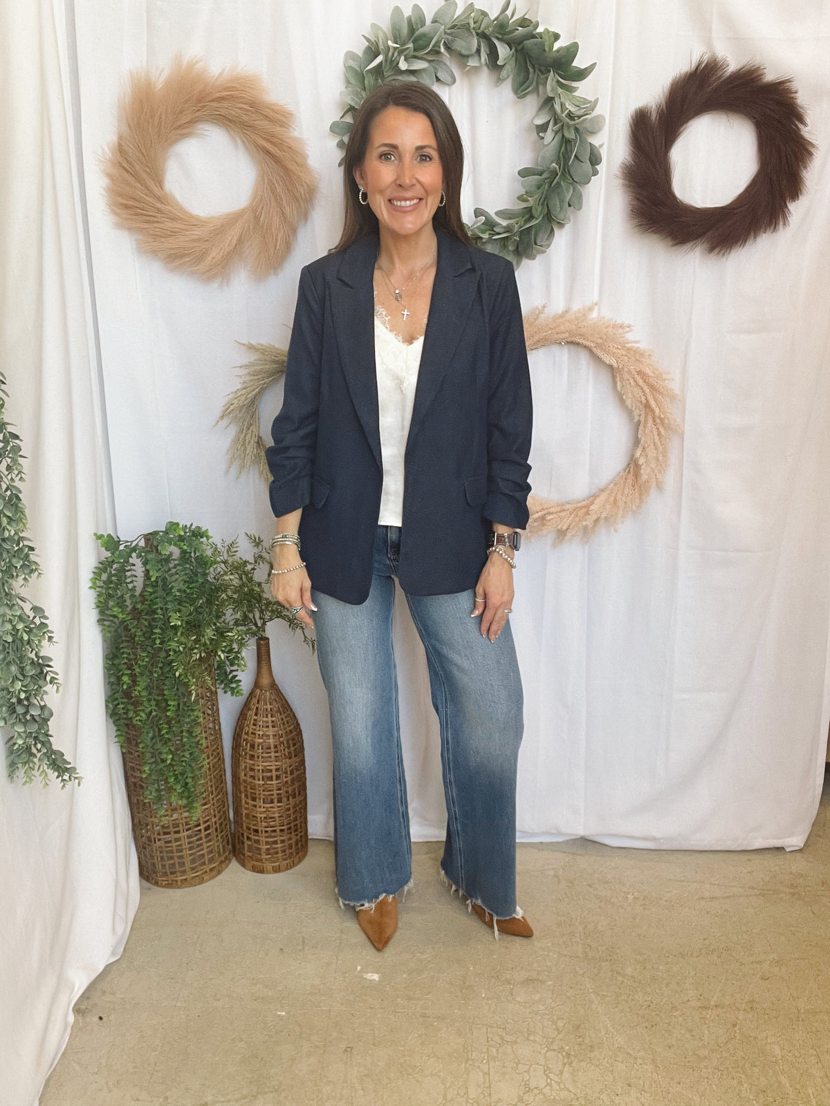 Skies Denim Ruched Sleeve Blazer-Blazers-skies are blue-The Silo Boutique, Women's Fashion Boutique Located in Warren and Grand Forks North Dakota